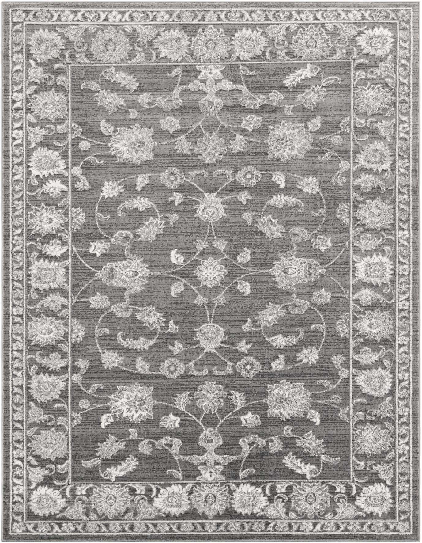 A 7x10 rectangular gray modern floral rug with a textured pile, ideal for a living room.
