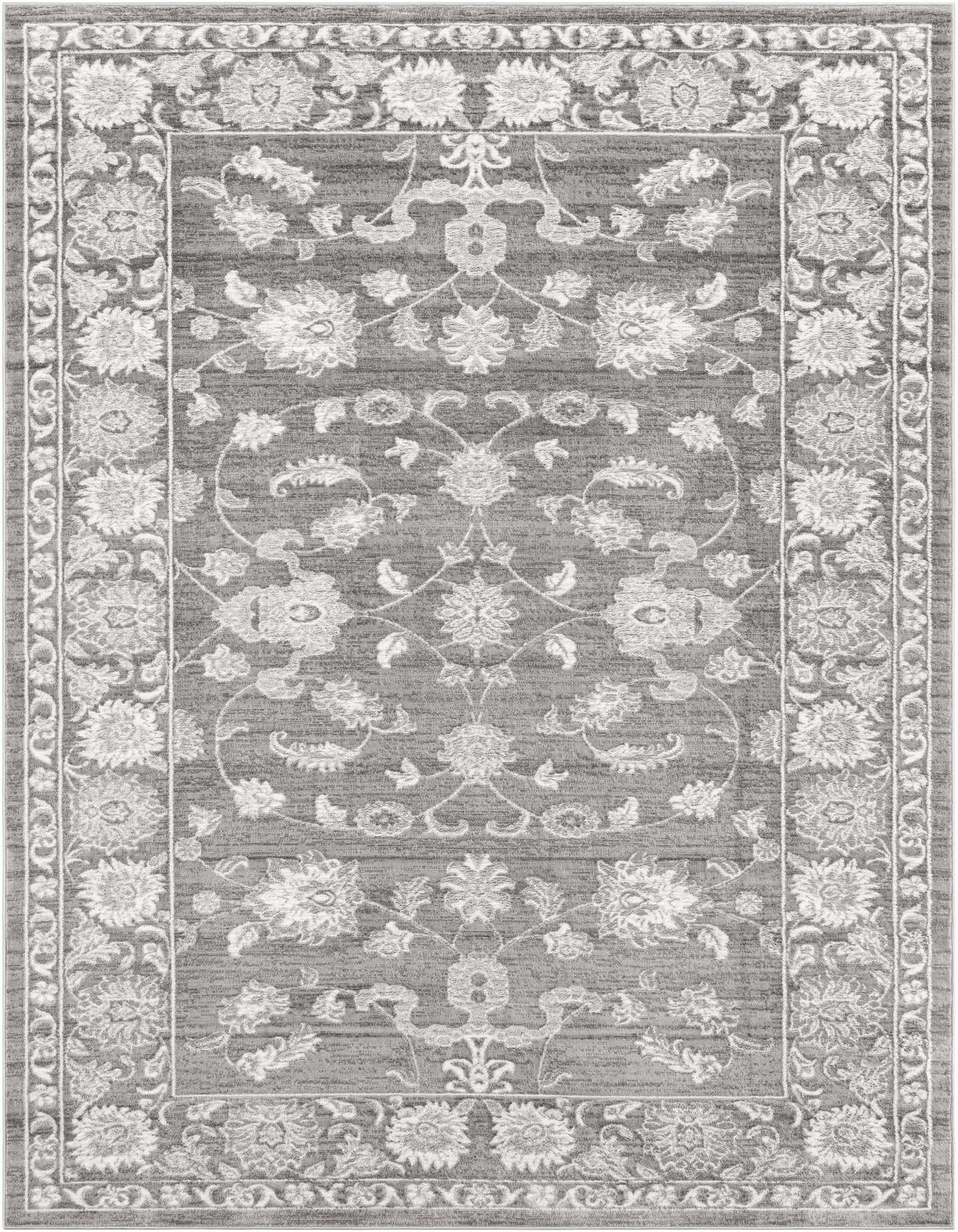An 8x11 rectangular gray modern area rug featuring an intricate silver floral and vine pattern with a decorative border.