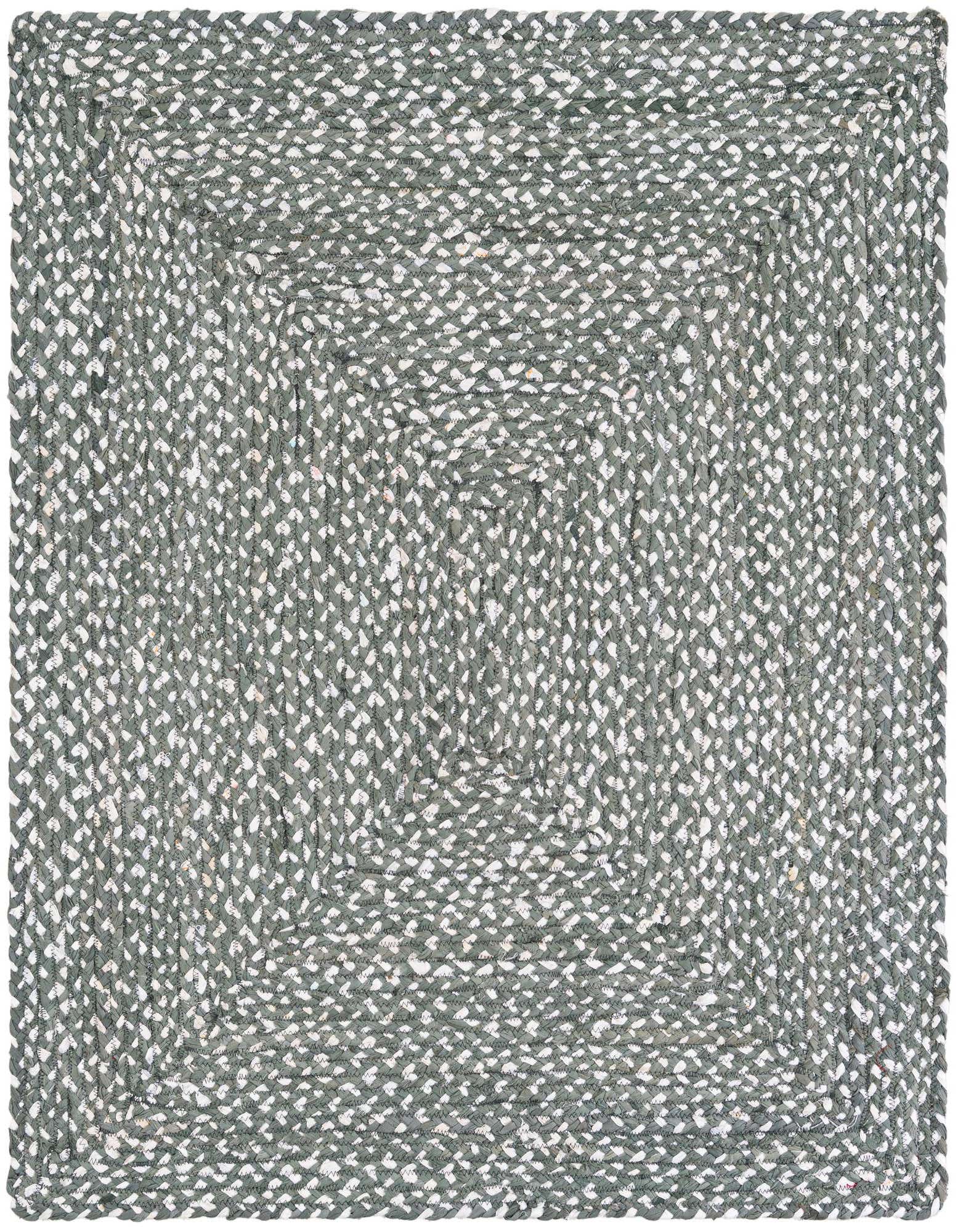 A 4x6 rectangular gray braided chindi rug, handmade from cotton, featuring a modern abstract pattern.