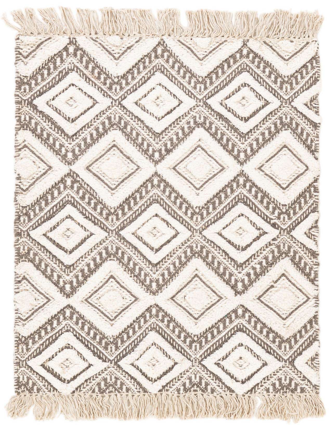 A 2x3 rectangular gray and white jute and cotton rug with a modern geometric diamond pattern and fringe.