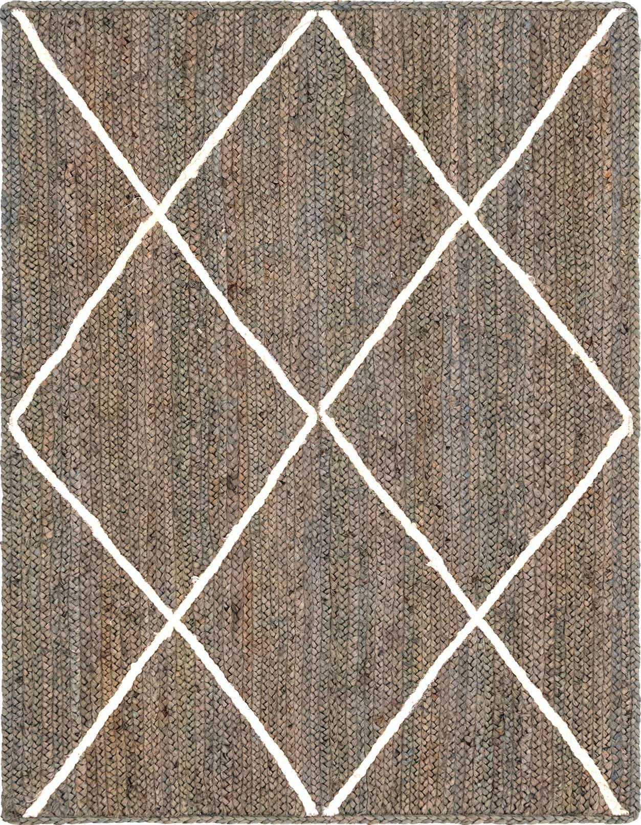 A 3x5 rectangular gray jute rug with a minimalist white diamond pattern, perfect for a modern living room.