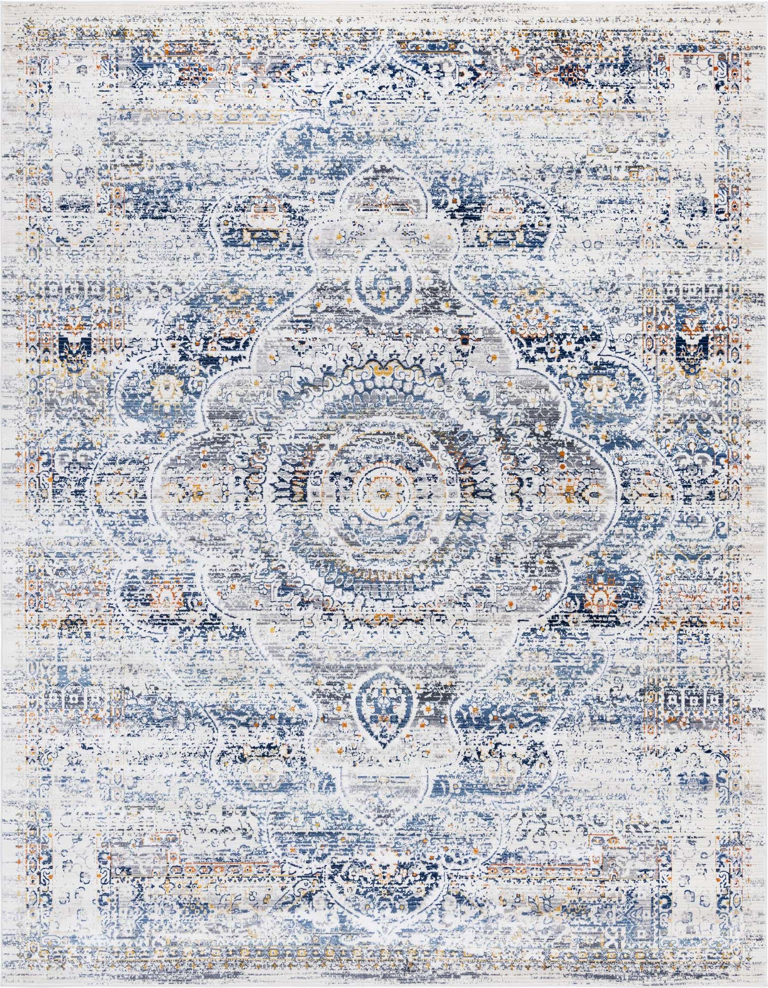 An 8x10 rectangular Budapest collection rug featuring a distressed bohemian medallion pattern in shades of gray, silver, blue, and hints of orange.