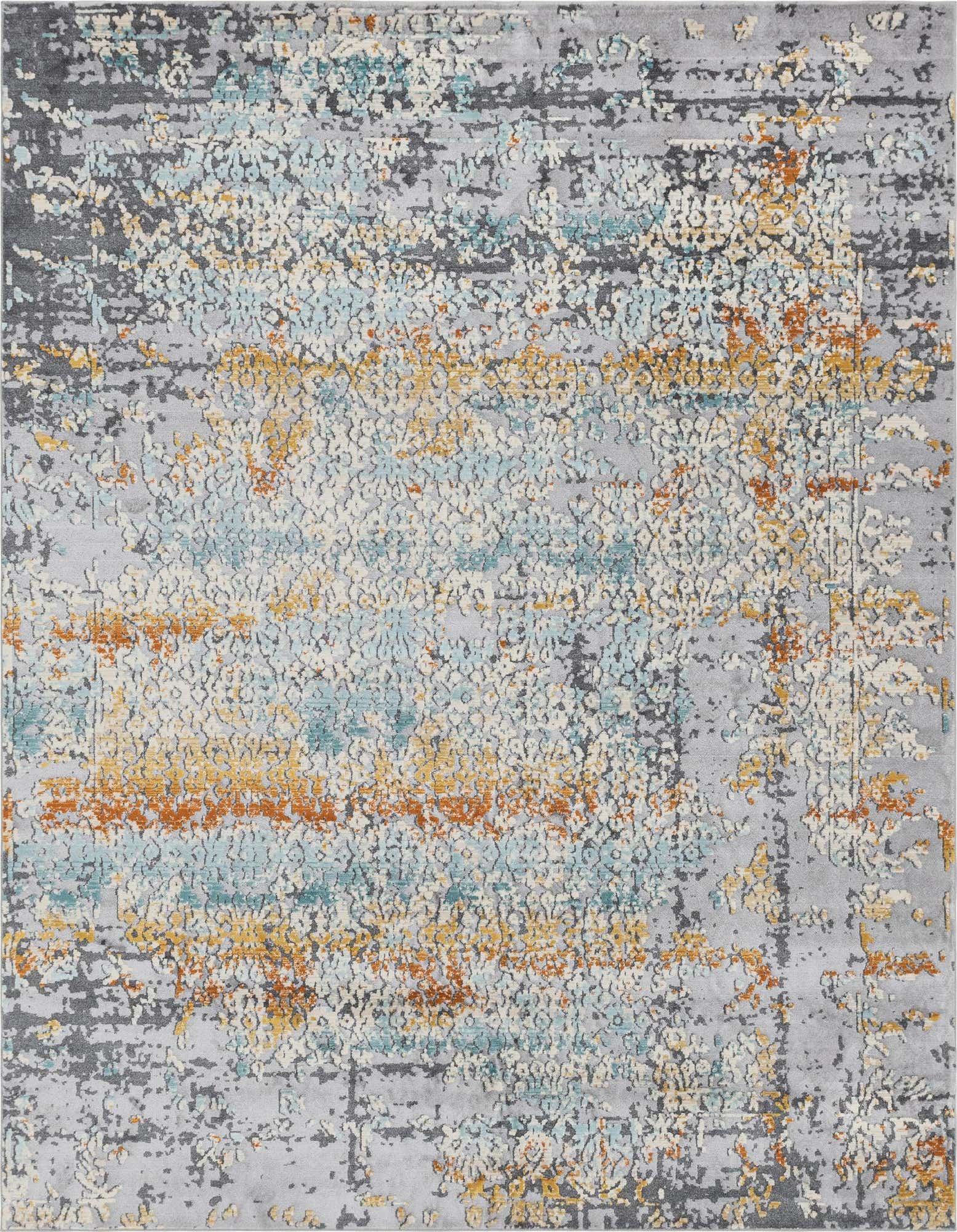 A rectangular 8x10 gray area rug with an abstract bohemian pattern in teal, orange, and cream, featuring a textured high pile.