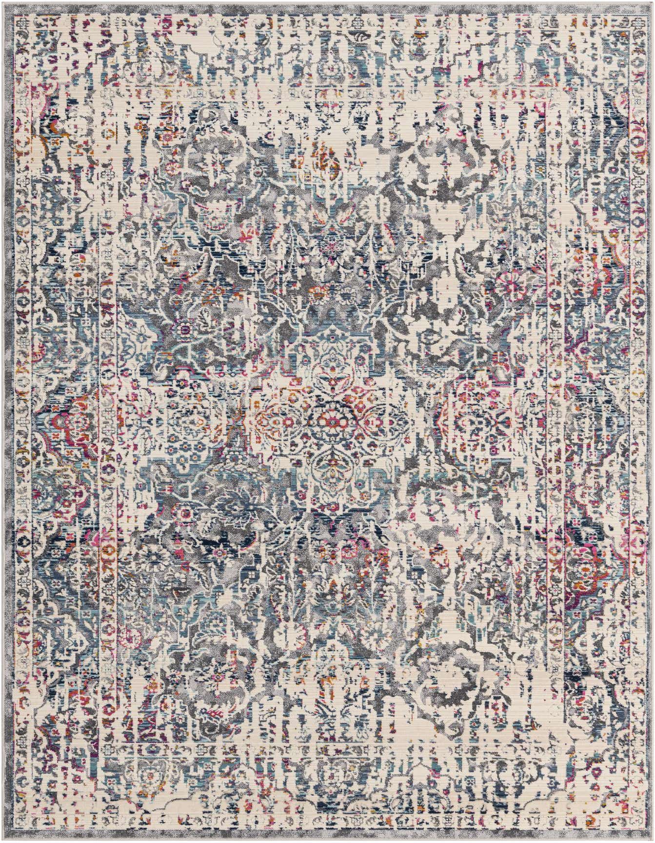 A 5x8 rectangular Budapest collection rug featuring a distressed bohemian medallion pattern in grays, silvers, blues, and hints of pink and orange on a cream background.