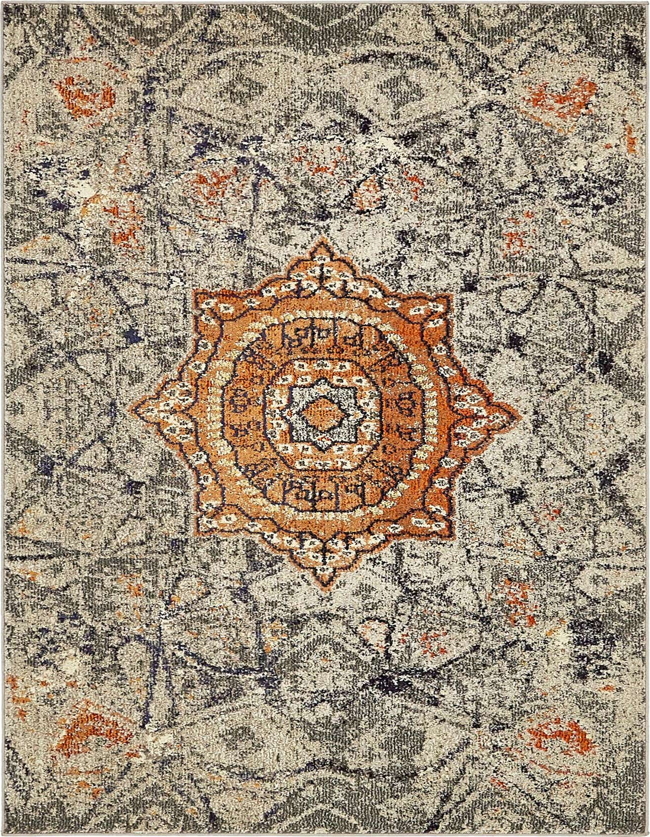 A 4x6 rectangular gray eclectic rug featuring a prominent orange medallion and distressed traditional patterns, suitable for various indoor rooms.