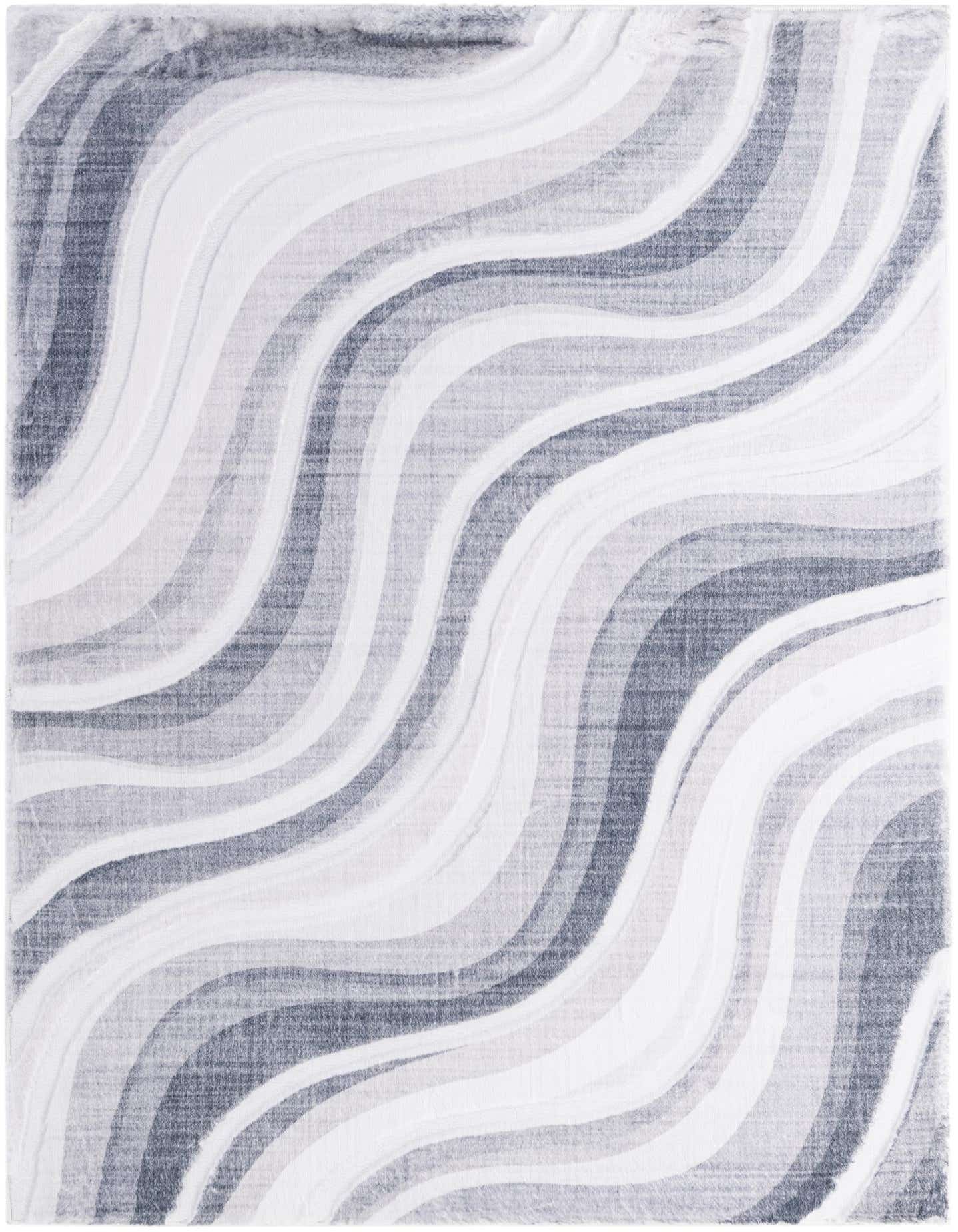 A 5x7 rectangular gray modern area rug with wavy stripes in varying shades of gray and silver.
