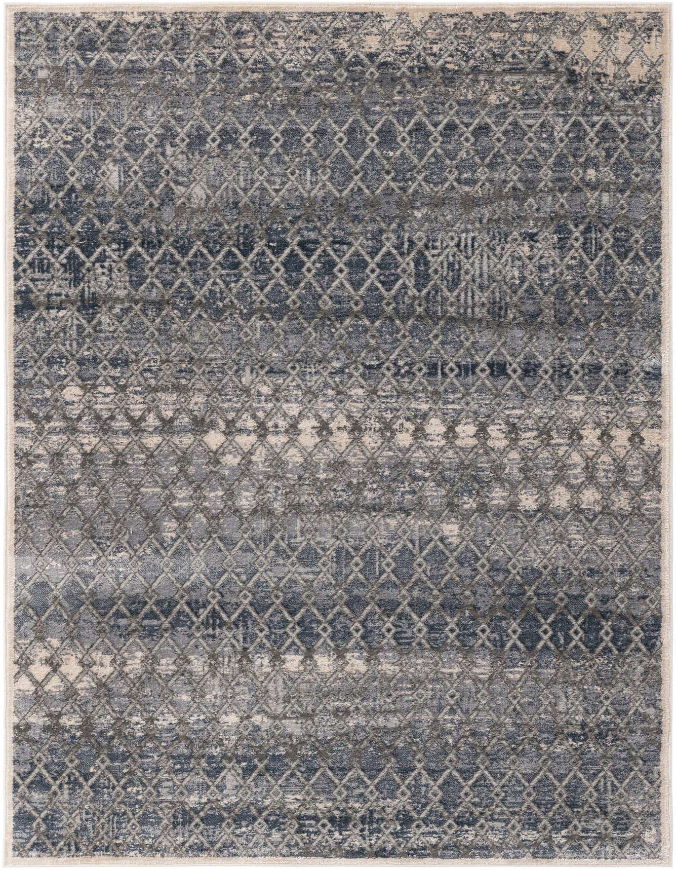 A 4x6 rectangular gray area rug with an urban trellis pattern and textured pile, suitable for a living room.