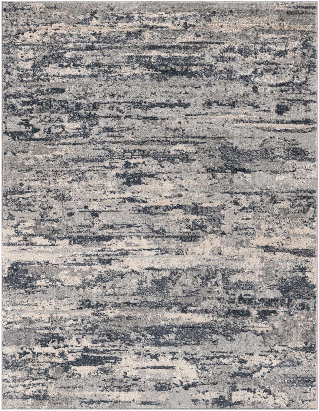 A 4x6 rectangular indoor rug featuring an abstract, textured pattern in various shades of gray, silver, and cream.