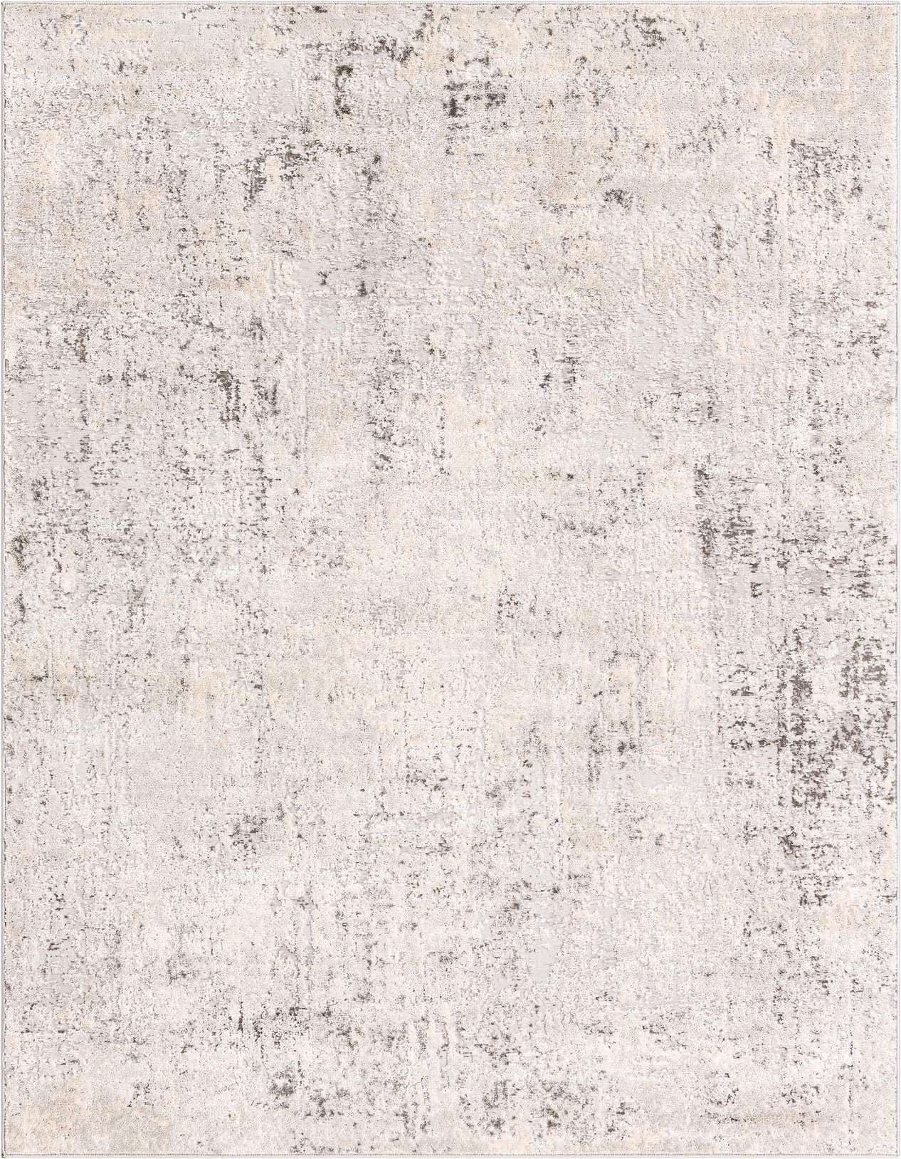 A 5x8 rectangular gray and silver abstract rug with an urban, industrial, and vintage textured pattern.