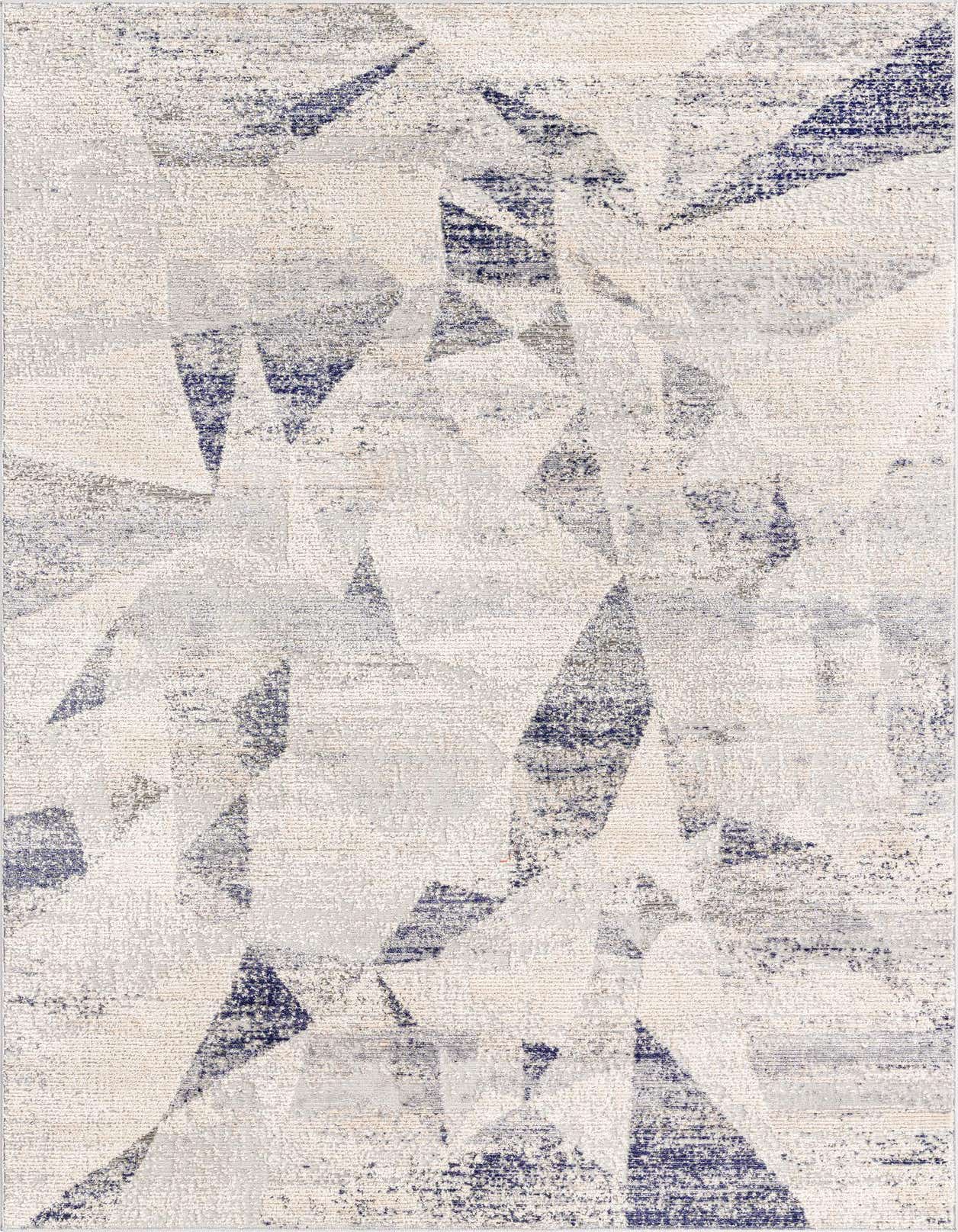 A 5x8 rectangular area rug featuring an abstract geometric pattern in shades of gray, silver, and dark blue, with a textured pile.