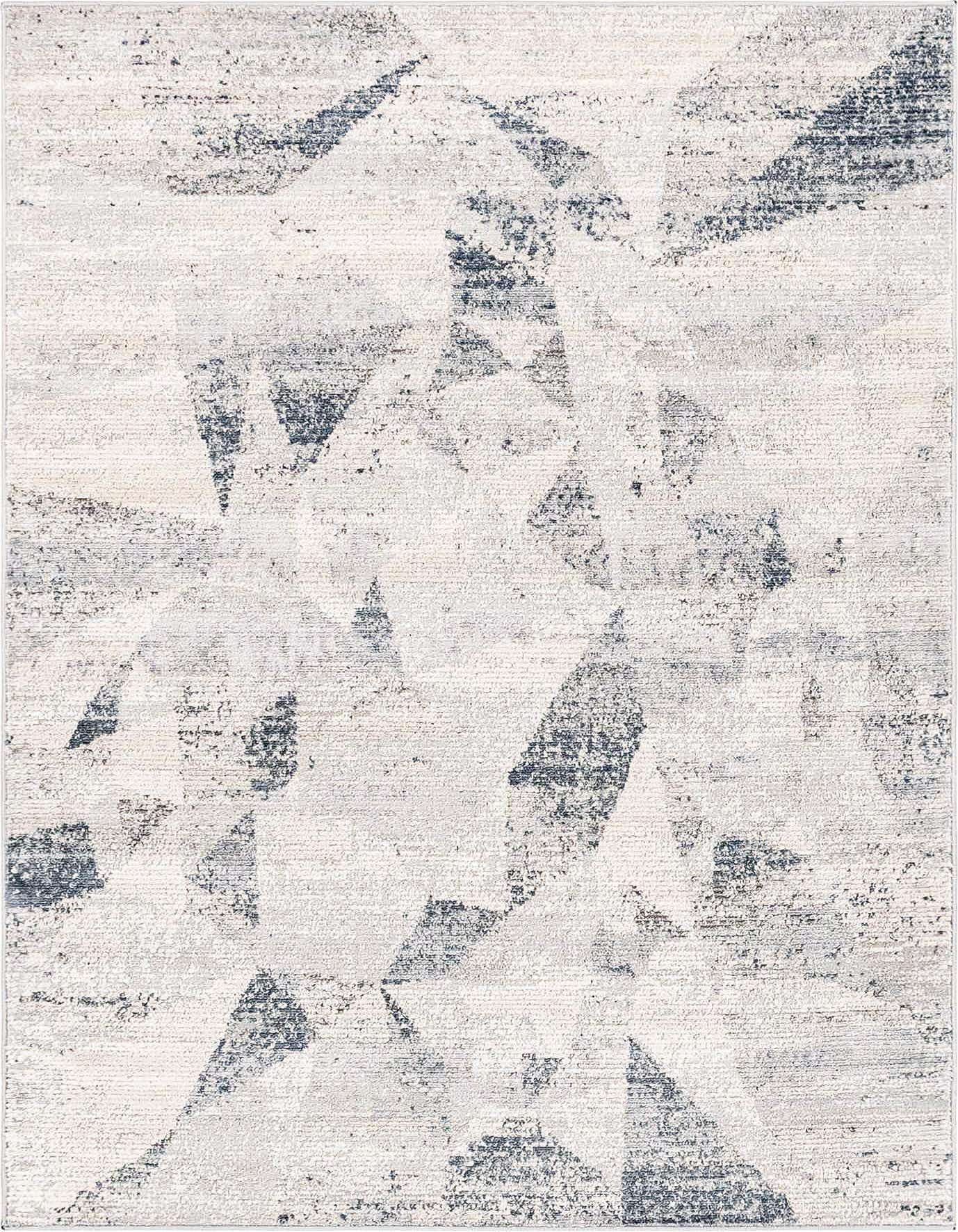 A 4x6 rectangular gray and silver area rug featuring an abstract, distressed geometric pattern, suitable for a living room.