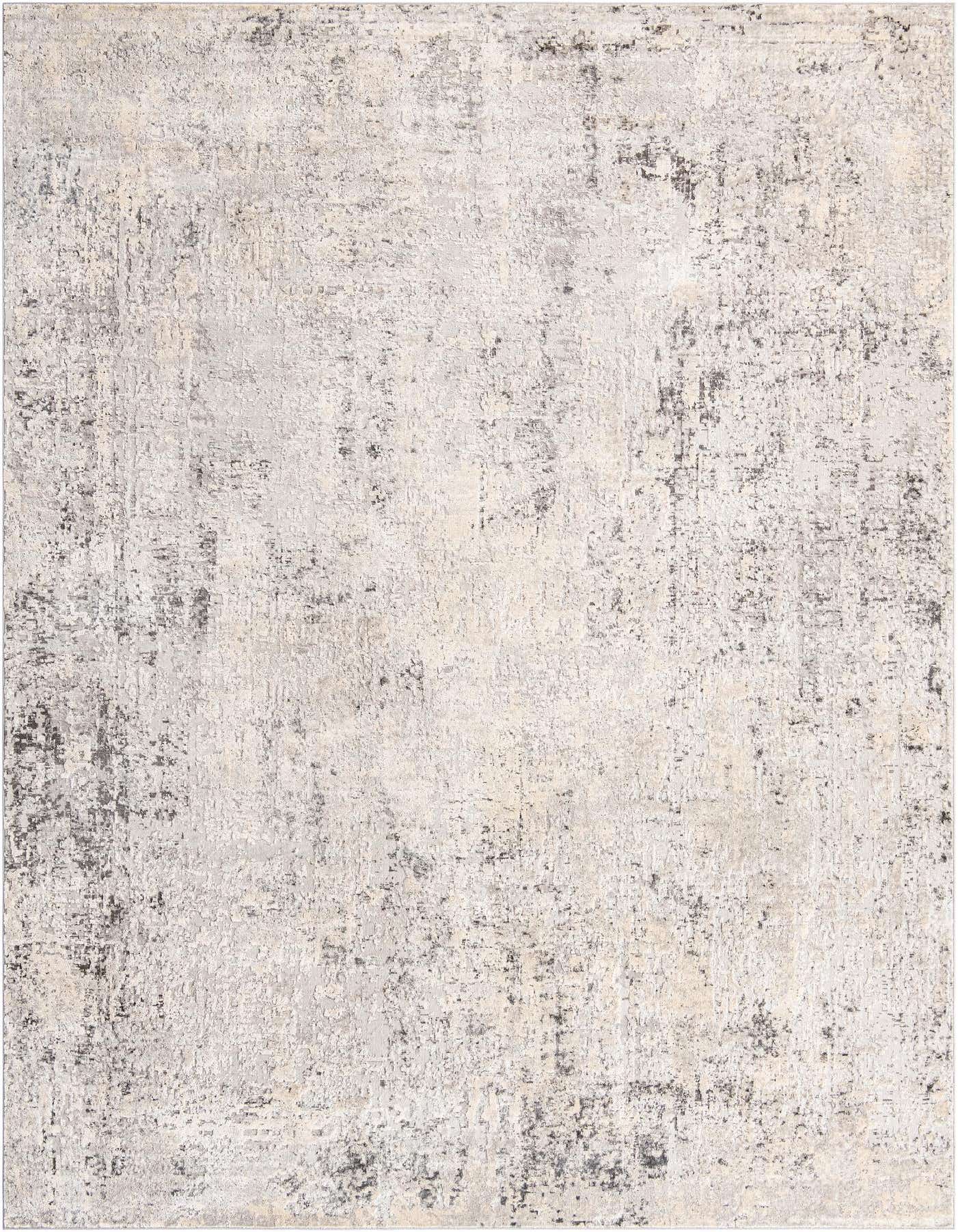 A 10x14 rectangular gray and silver modern abstract rug with a textured, distressed pattern.