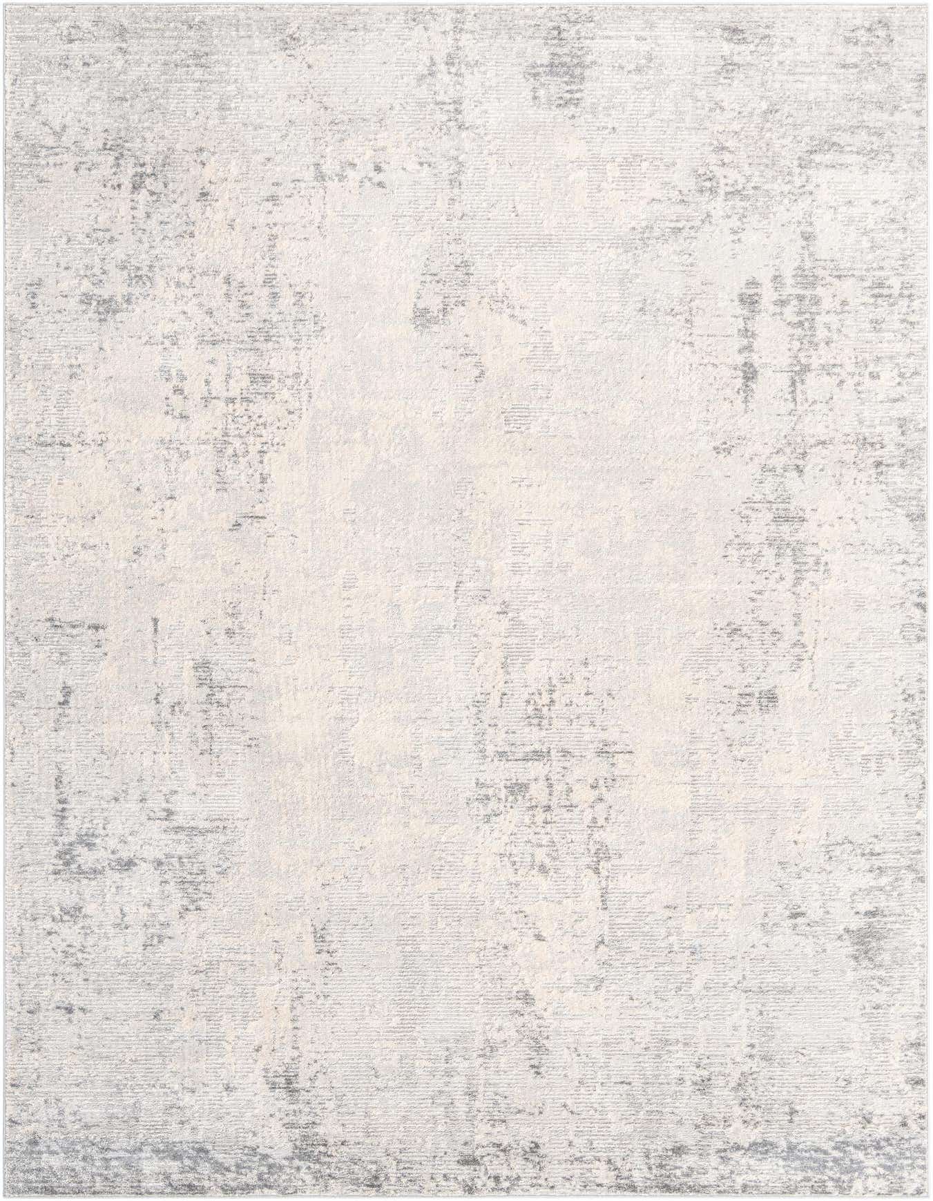 A 7x10 rectangular Rugs.com Caspian rug featuring an abstract, distressed pattern in various shades of gray and silver.