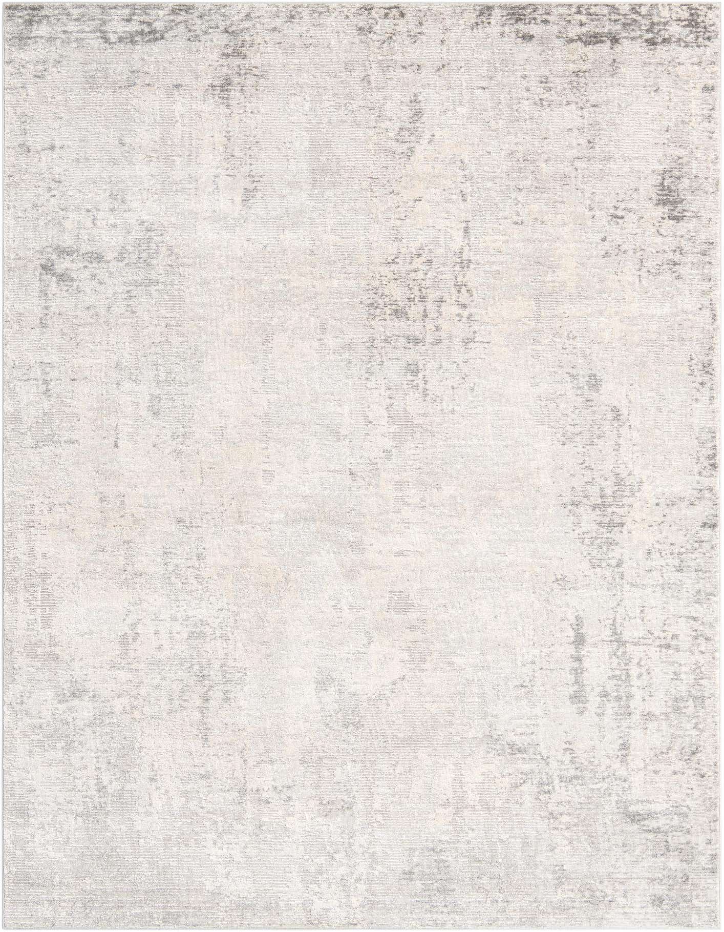An 8x11 rectangular modern gray and silver abstract rug with a textured pile, suitable for a living room or office.