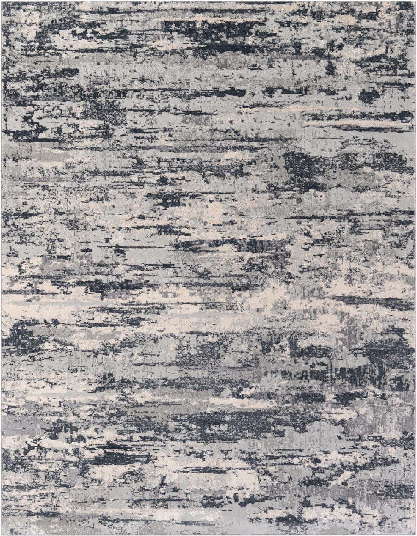 A 7x10 rectangular modern abstract rug in varying shades of gray, silver, and off-white, featuring a thin, textured pile.
