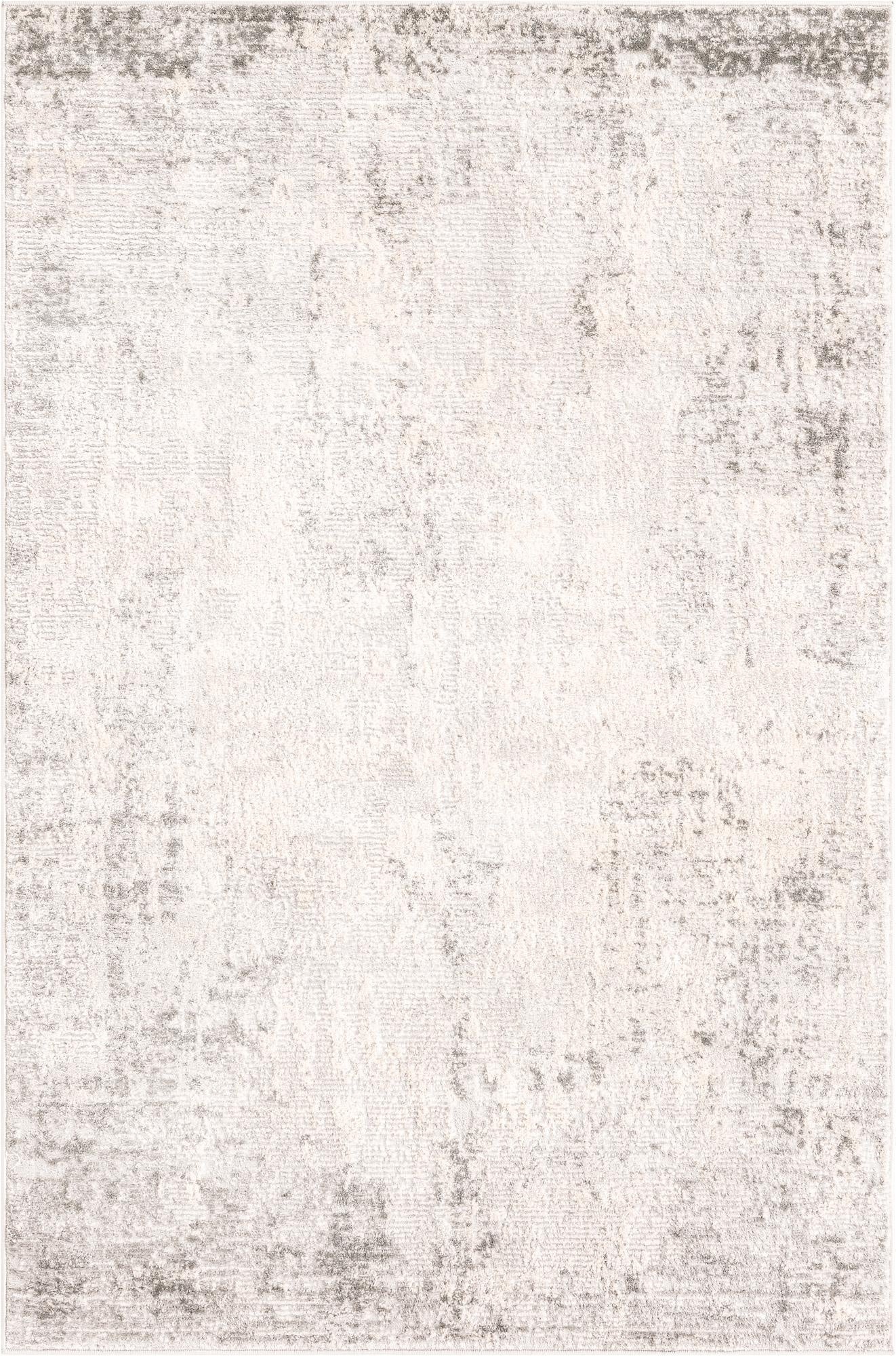A 4x6 rectangular gray and silver textured area rug with an abstract, distressed urban pattern.