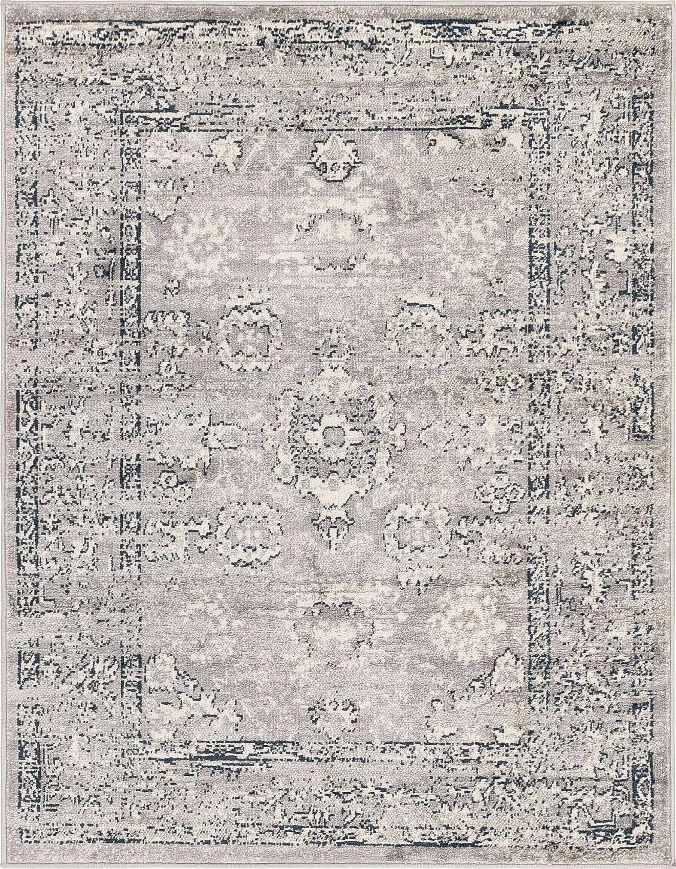 A 4x6 rectangular gray and silver traditional area rug with a vintage medallion pattern, ideal for a living room.