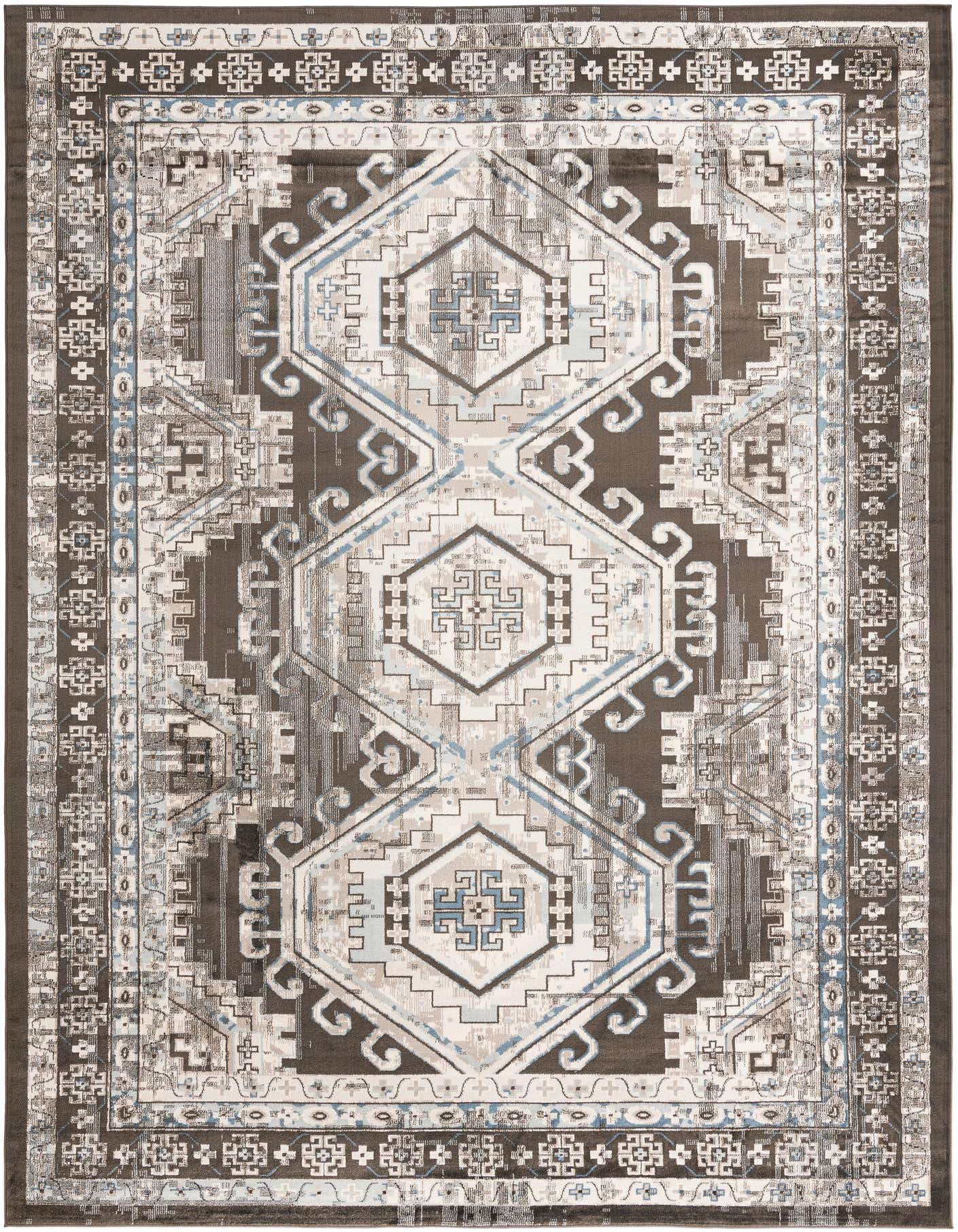 A 10x14 rectangular Rugs.com Charlotte rug featuring a traditional tribal pattern in shades of gray, silver, and light blue.