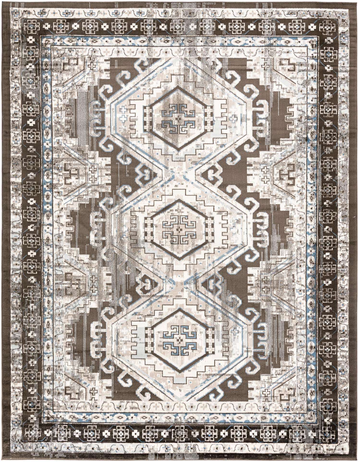 A 9x12 rectangular Charlotte Collection rug with a traditional tribal pattern in grays, silvers, and light blue accents.