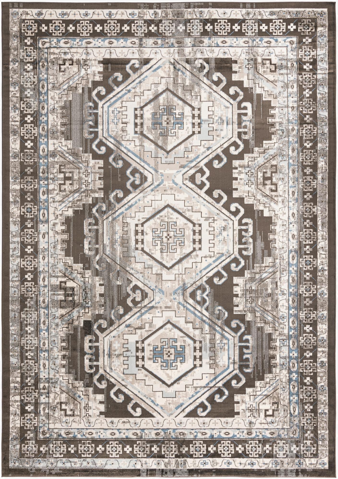 A 10x14 rectangular Rugs.com Charlotte rug featuring a traditional tribal pattern in shades of gray, silver, and light blue.