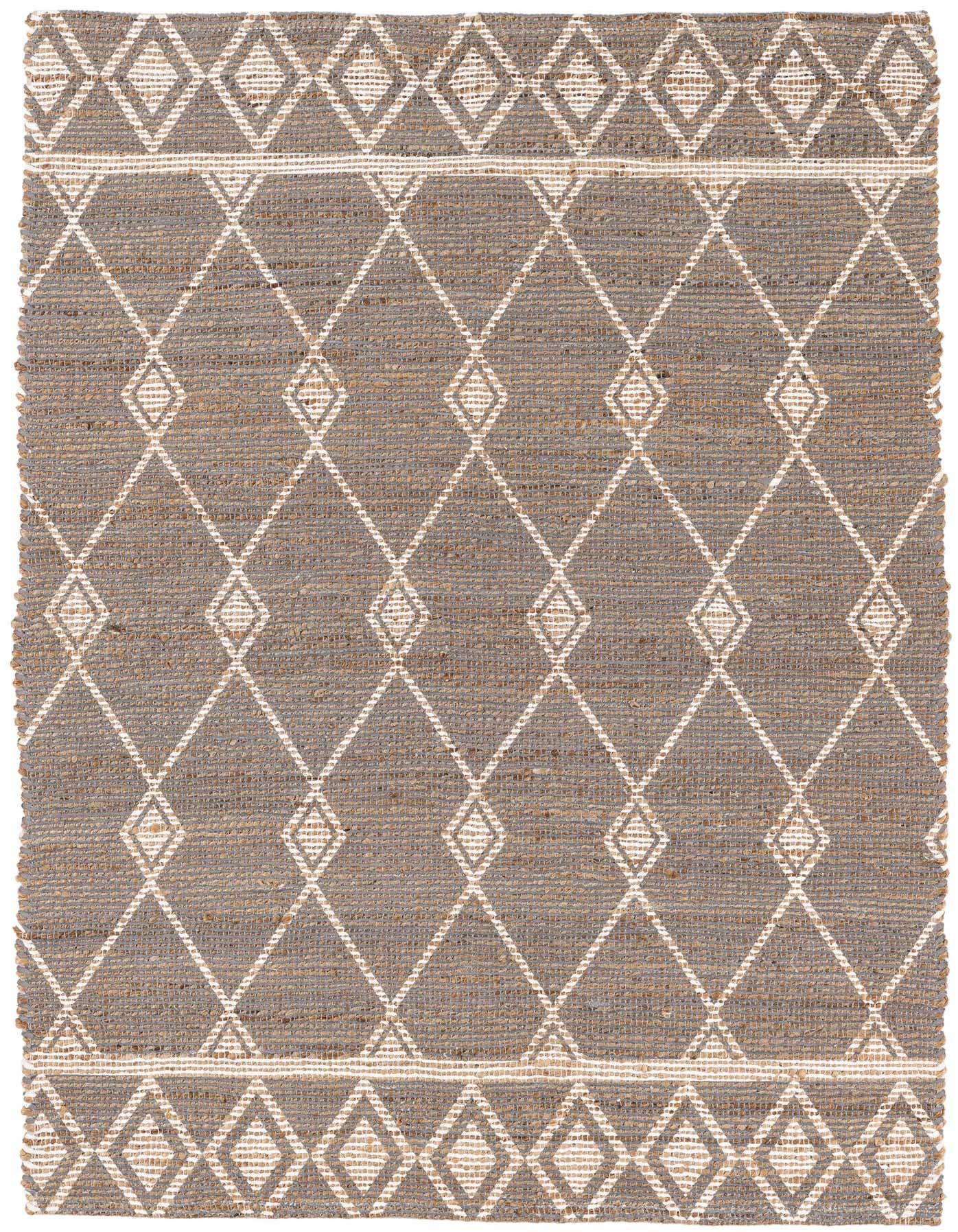 A 4x6 rectangular gray chenille and jute rug with a modern diamond pattern, suitable for various indoor rooms.
