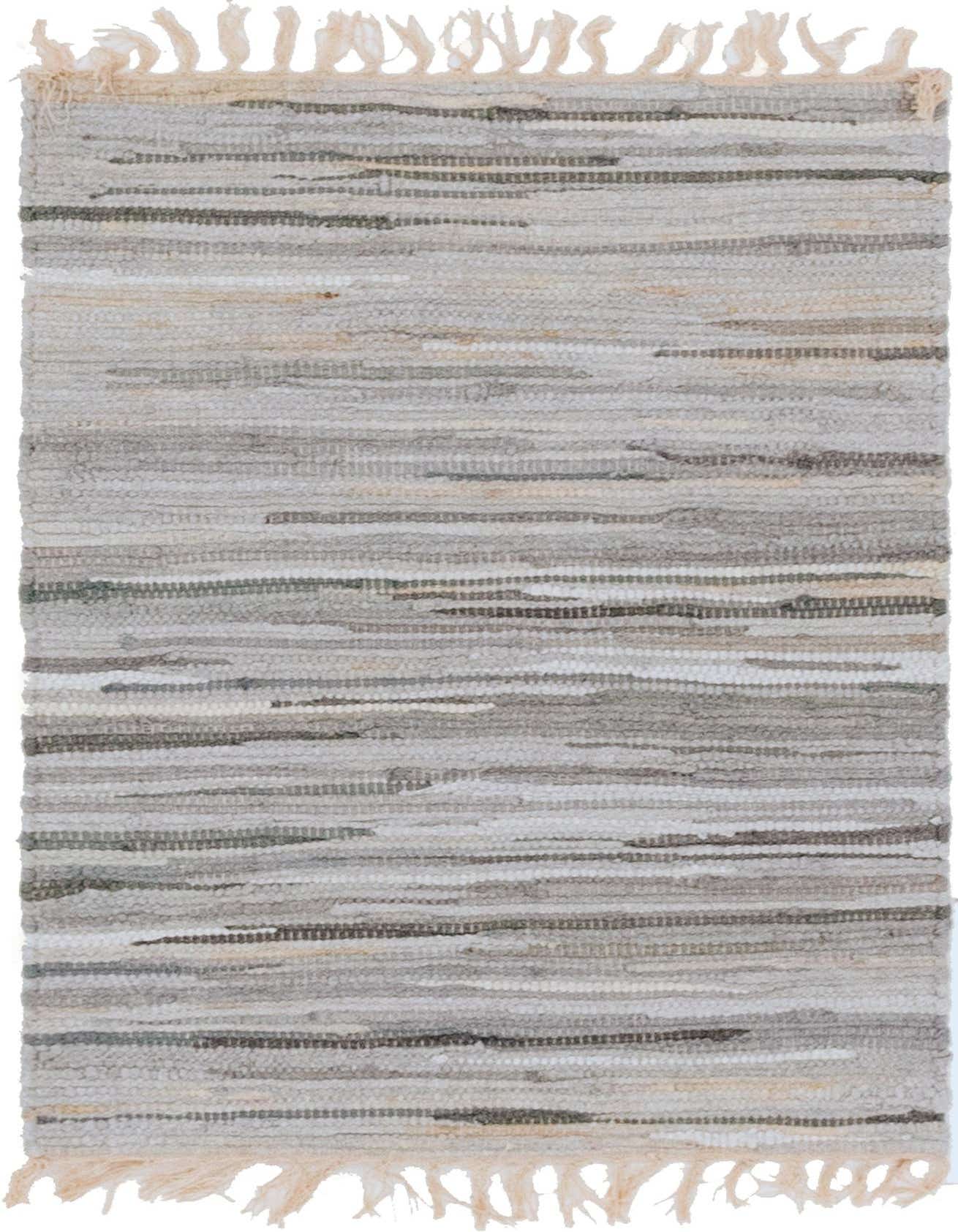 A 2x3 rectangular Chindi Cotton rug featuring varied gray, silver, and natural stripes with fringed ends.