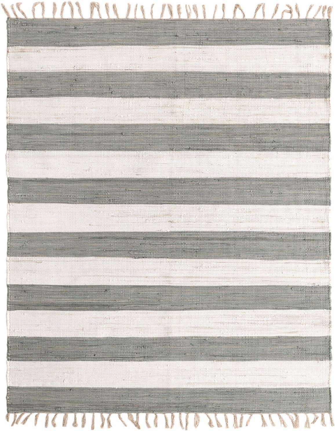 A 5x8 rectangular Chindi Rag rug with wide horizontal gray and off-white stripes and fringed ends, suitable for a living room.