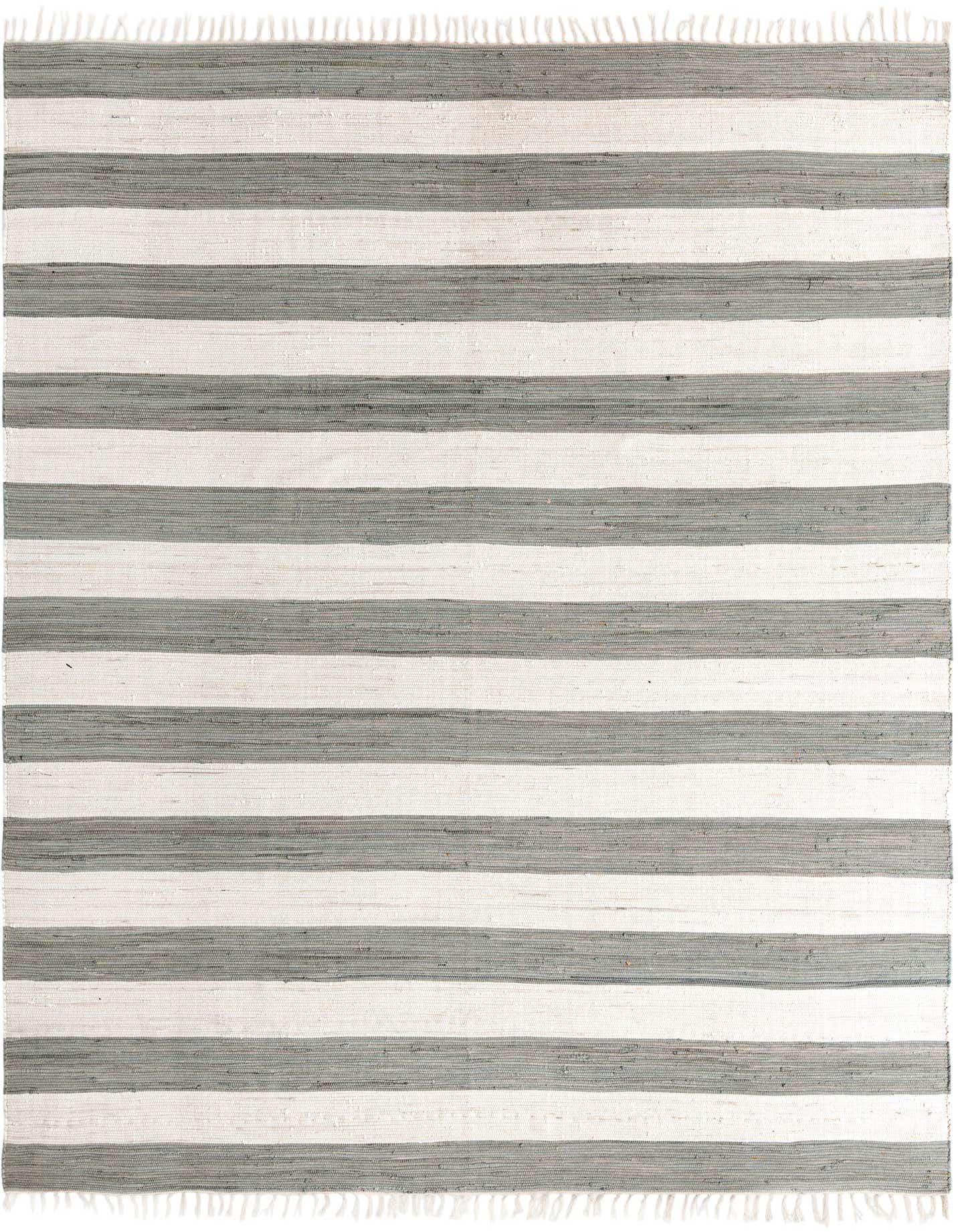 A 10x13 rectangular Chindi Rag rug featuring alternating horizontal stripes of gray and off-white with fringed ends.