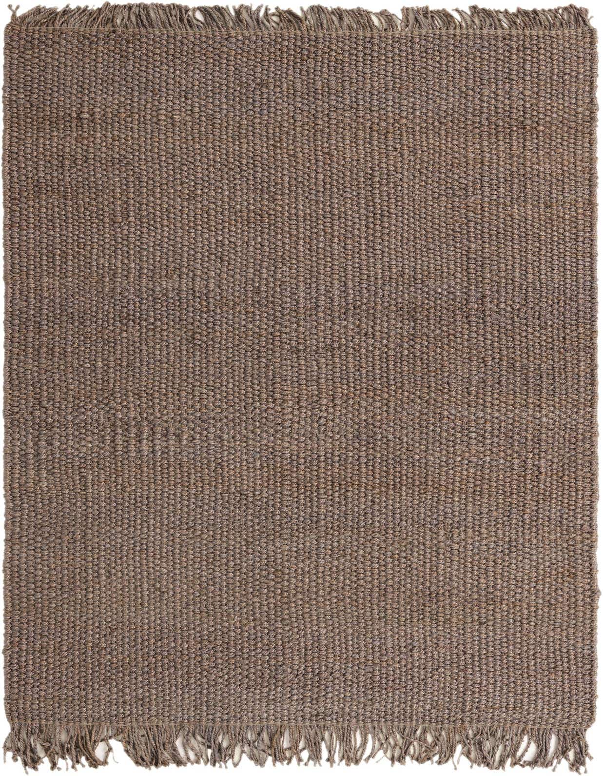 A 6x9 rectangular Chunky Jute rug in a solid gray, textured flatweave, with fringed ends.