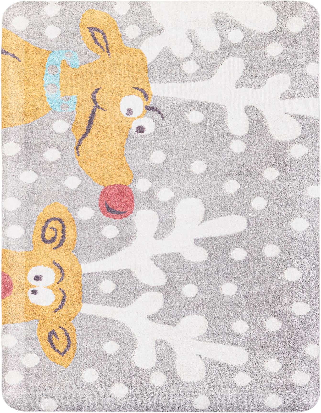 A gray rectangular rug with a modern pattern of two brown reindeer with red noses and white antlers, surrounded by white polka dots.