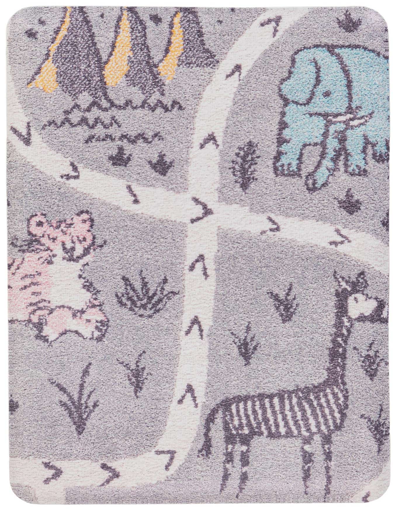 A rectangular gray rug with a modern safari animal pattern, featuring a blue elephant, pink tiger, and striped giraffe with white roads.