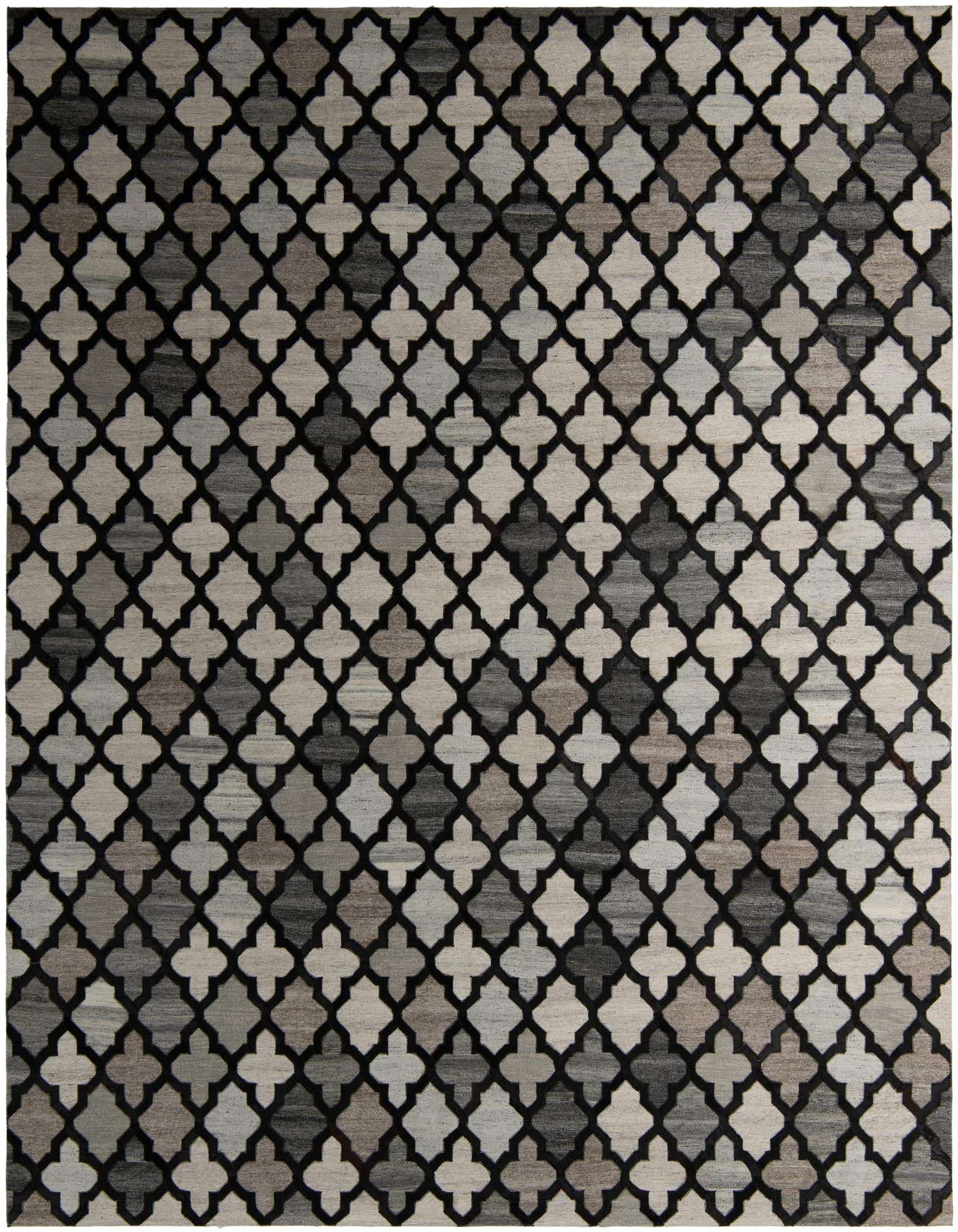 A rectangular 8x10 gray modern cowhide rug with a repeating quatrefoil pattern, ideal for a living room.