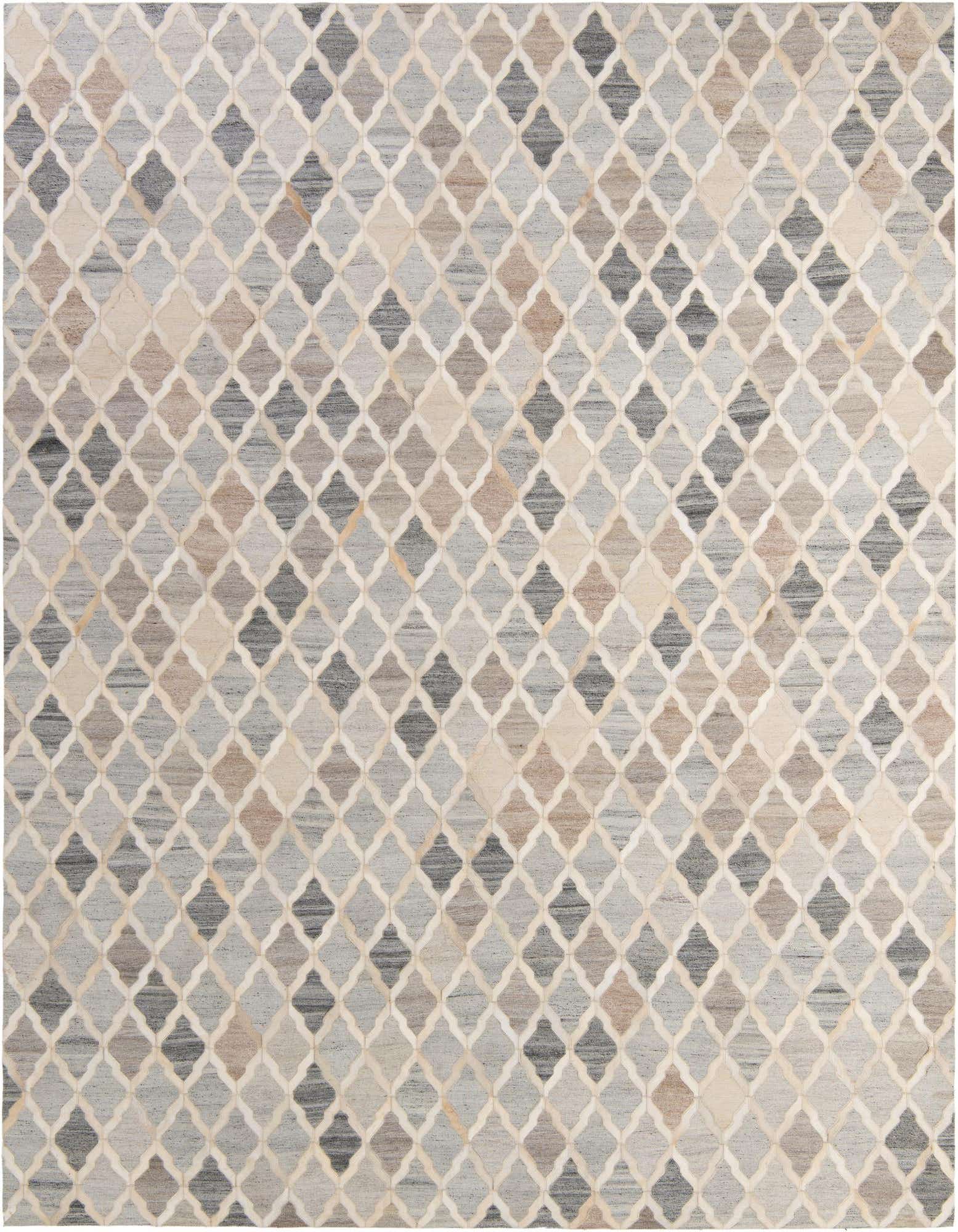 A rectangular 8x10 gray modern cowhide rug with a patchwork quatrefoil pattern, ideal for a living room.