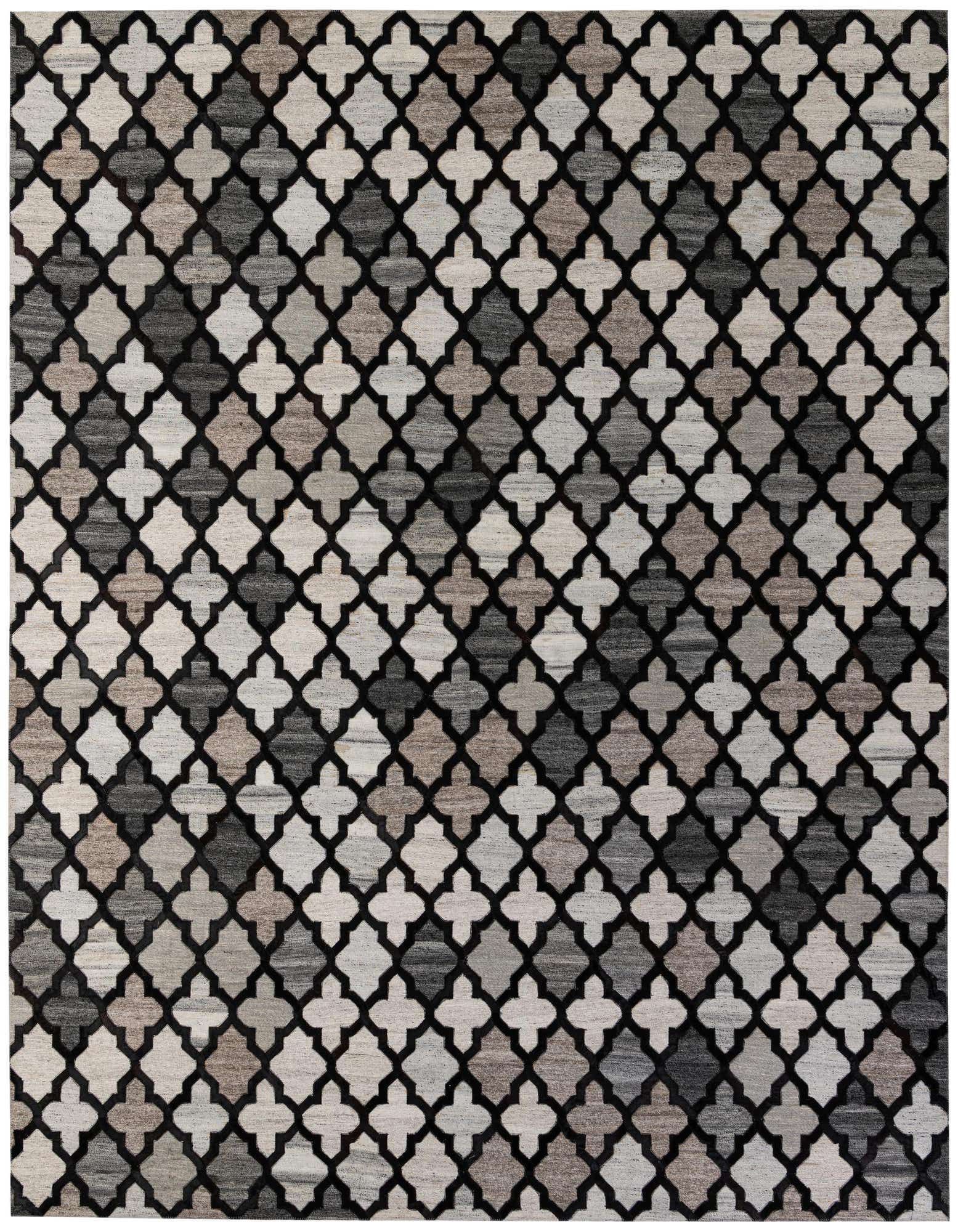 8x10 rectangular Cowhide - Patchwork rug featuring a modern gray and silver quatrefoil pattern with black outlines.