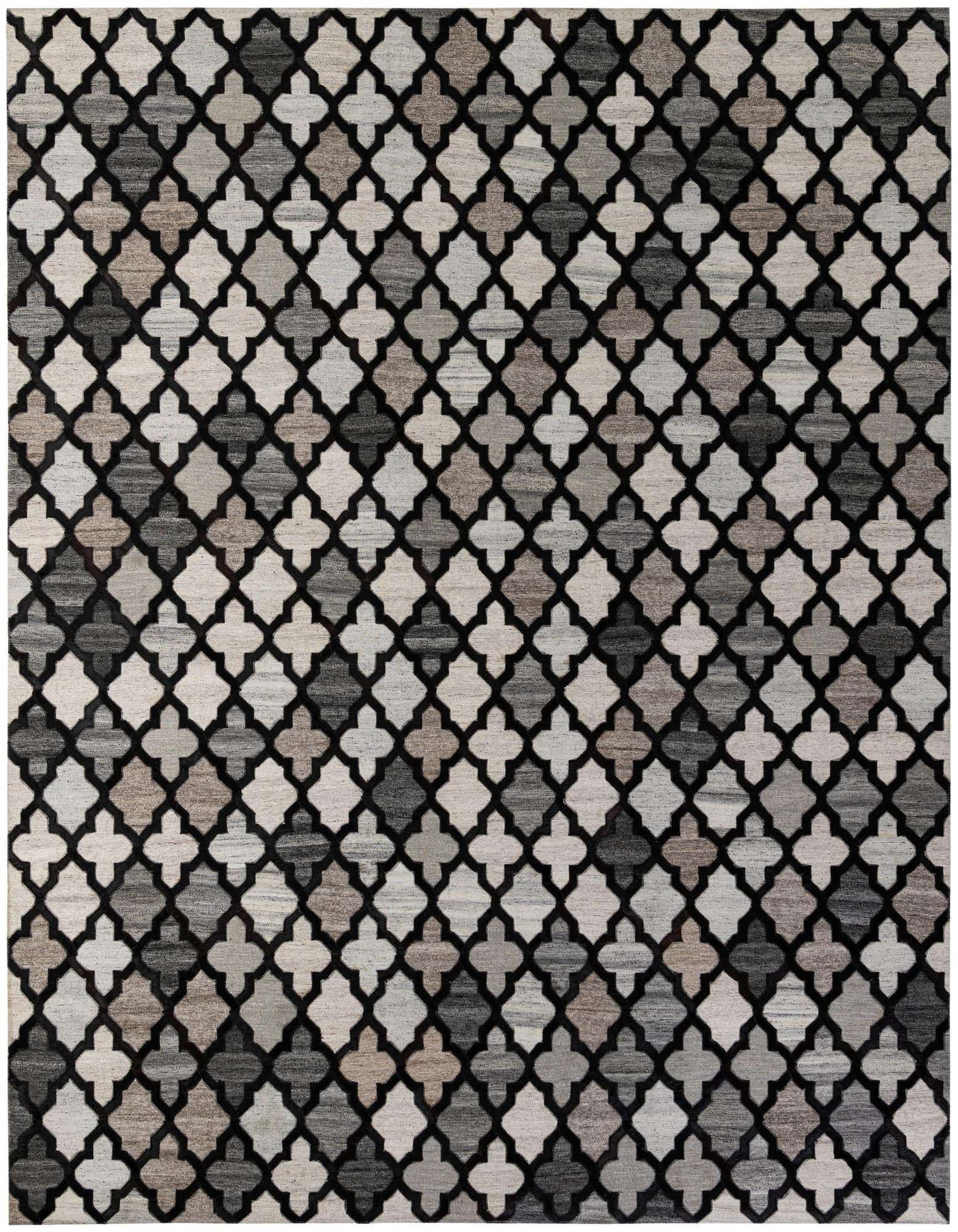 A rectangular 8x10 gray modern cowhide rug featuring a repeating quatrefoil pattern in varying shades of gray, silver, and black.