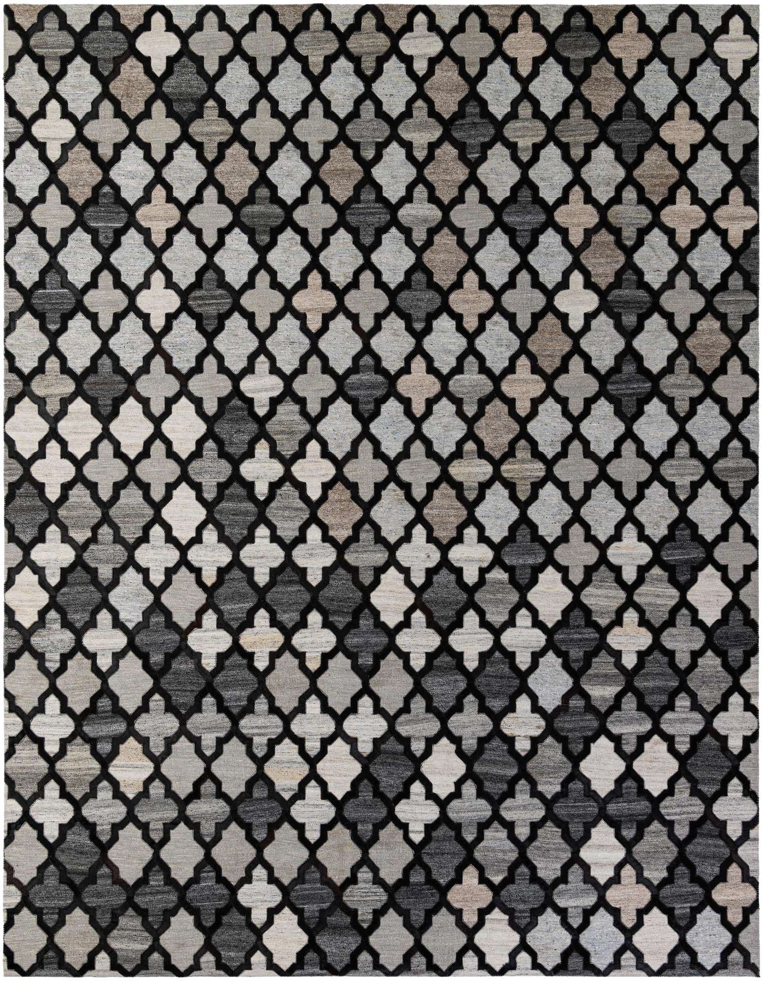 An 8x10 rectangular Cowhide - Patchwork rug featuring a modern trellis pattern in varying shades of gray, silver, and black.