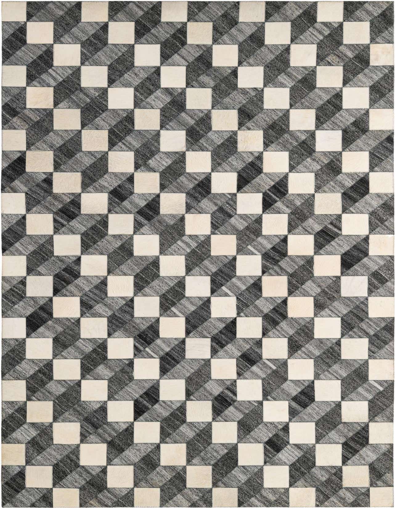 A 5x8 rectangular Cowhide - Patchwork rug featuring a modern 3D cube pattern in shades of gray and silver with light cream squares.