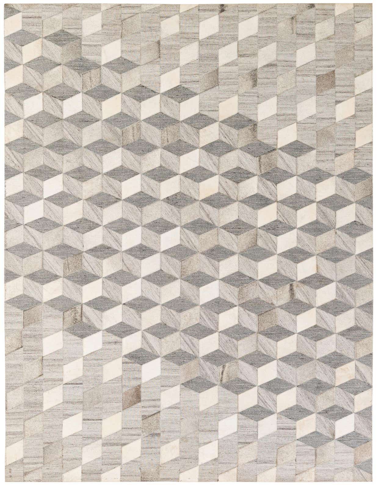 A 5x8 rectangular gray and silver modern cowhide rug with a 3D geometric cube pattern, ideal for a living room.