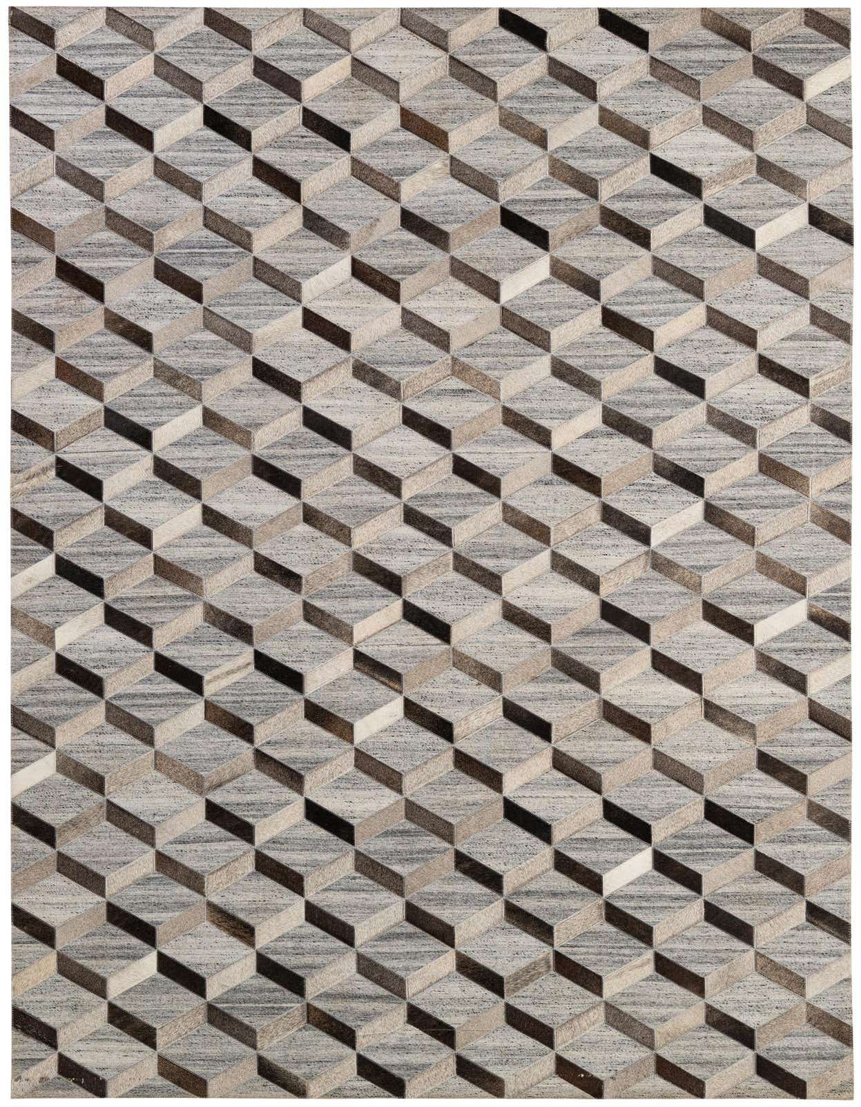 A 5x8 rectangular gray cowhide rug with a modern geometric 3D cube pattern, perfect for a living room.