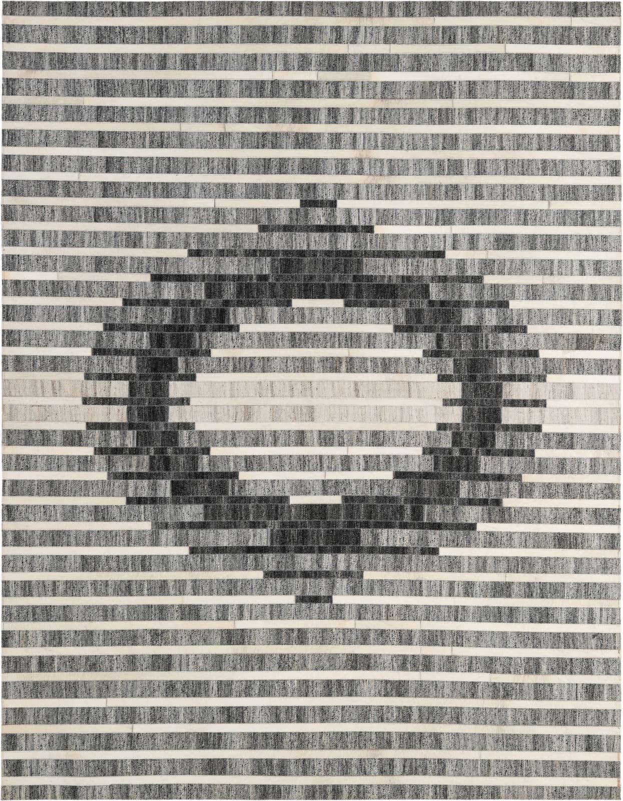 A 5x8 rectangular Cowhide Patchwork rug in shades of gray and silver, featuring a modern striped pattern with a central circular design.