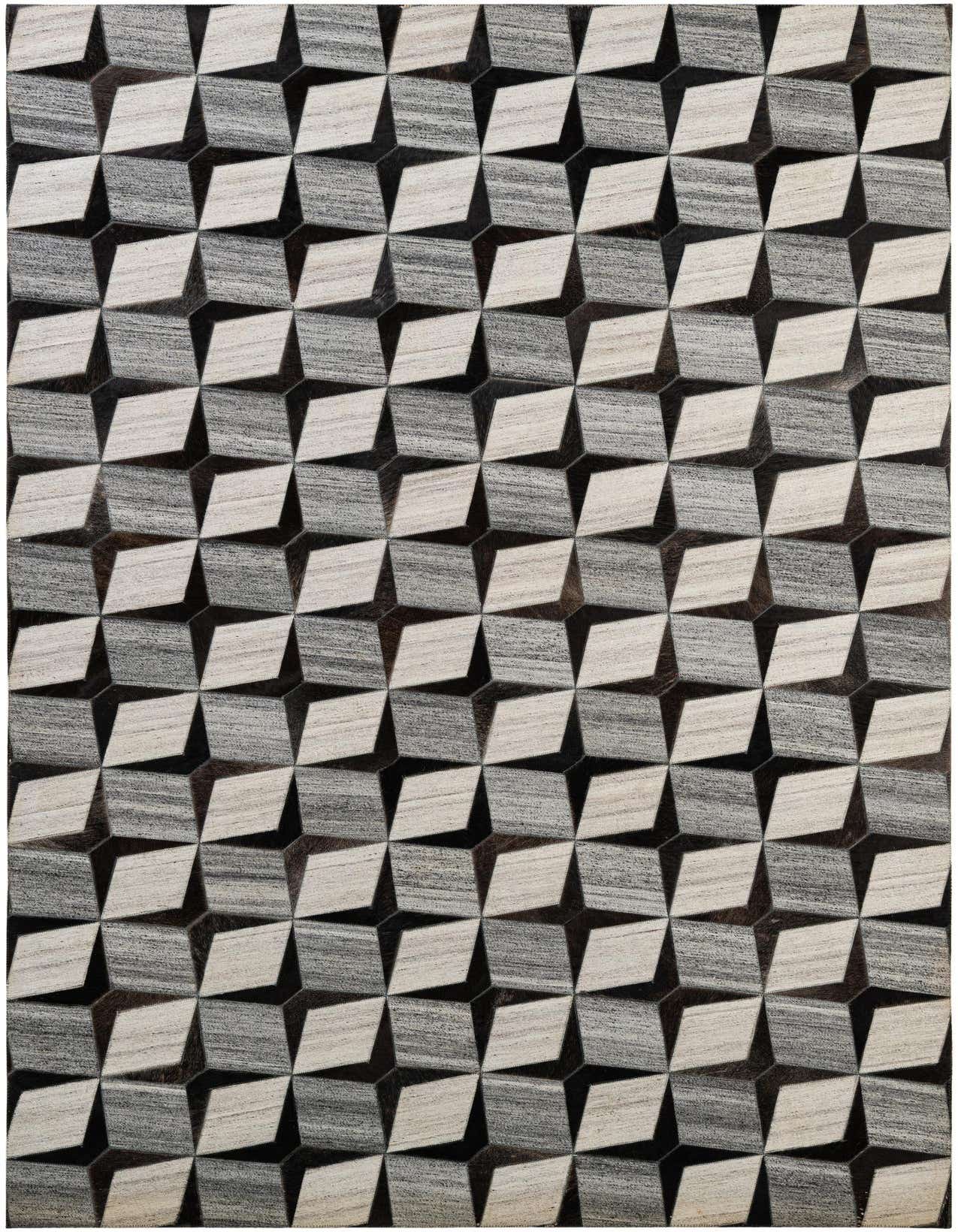 A 5x8 rectangular Cowhide - Patchwork rug featuring a modern geometric pattern of gray, silver, and black cubes, ideal for a living room.