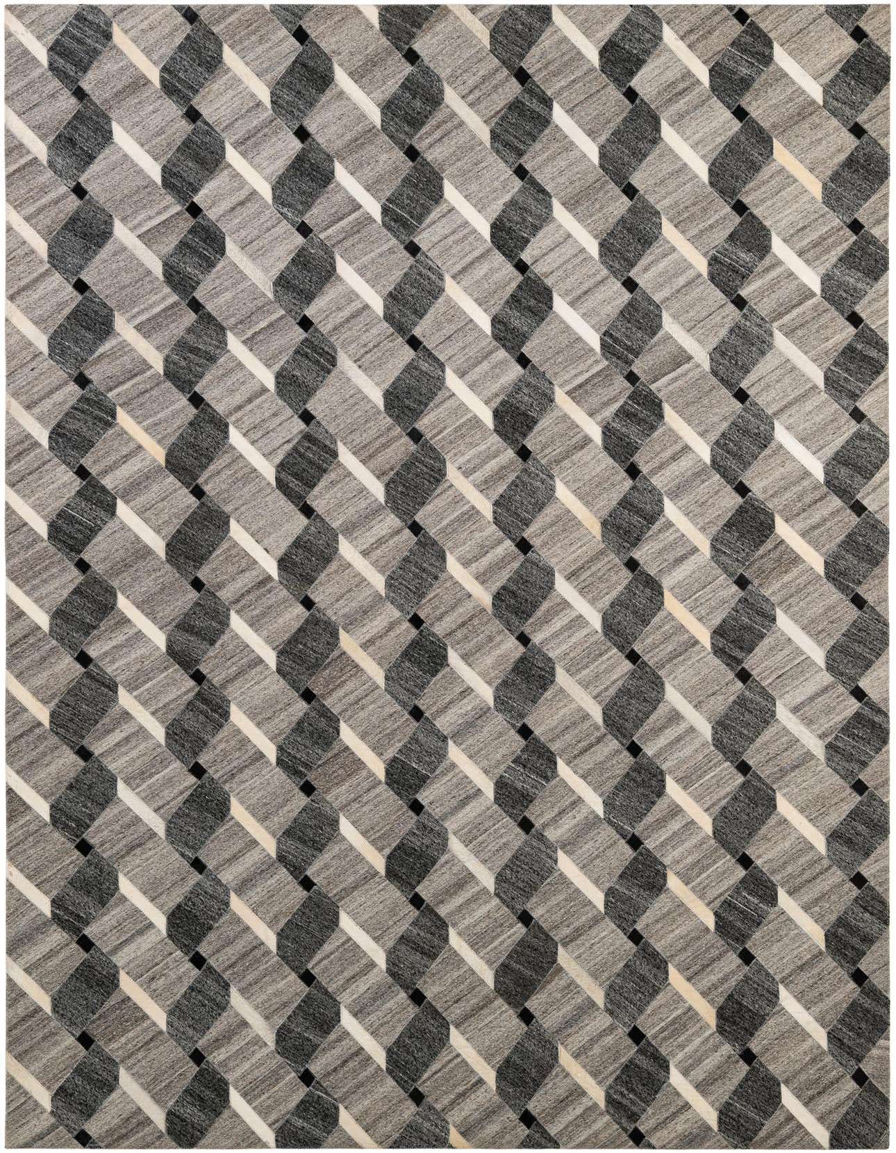 A 5x8 rectangular Cowhide Patchwork rug featuring a modern geometric pattern in varying shades of gray, silver, and black, with subtle light accents.
