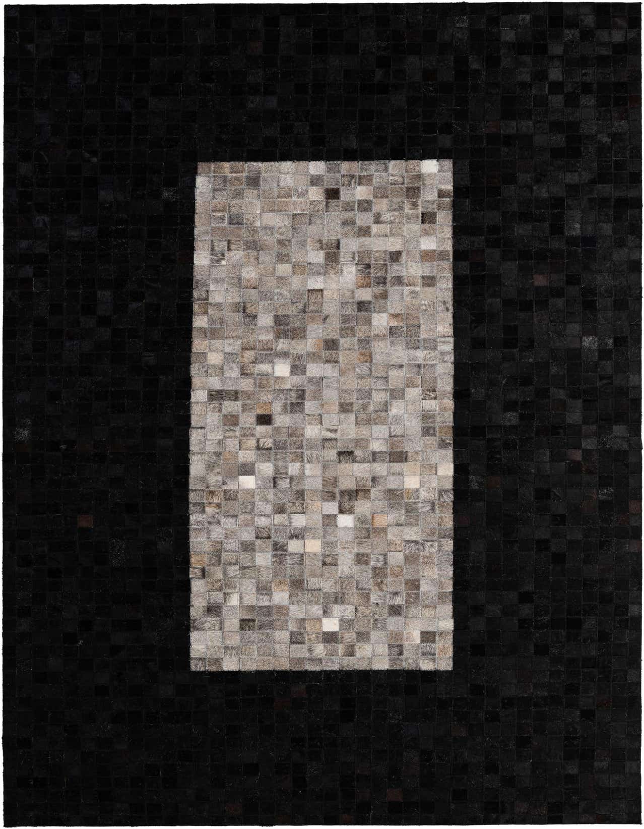 A 5x8 rectangular Cowhide Patchwork rug featuring a modern design with a large gray and silver tiled center on a black tiled background.