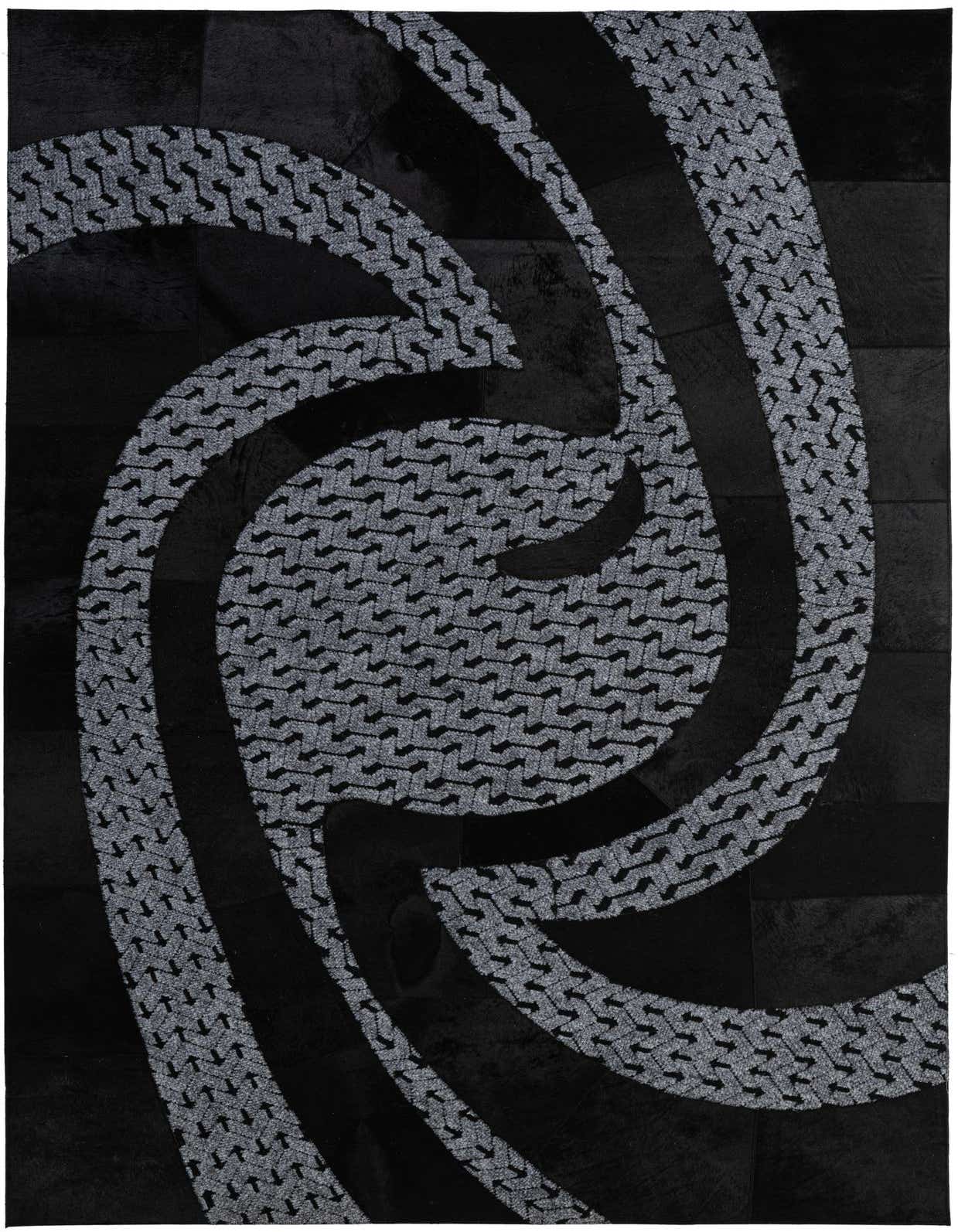 A 5x8 rectangular Cowhide - Patchwork rug featuring a modern abstract design in grays and silvers on a dark background, suitable for a living room.