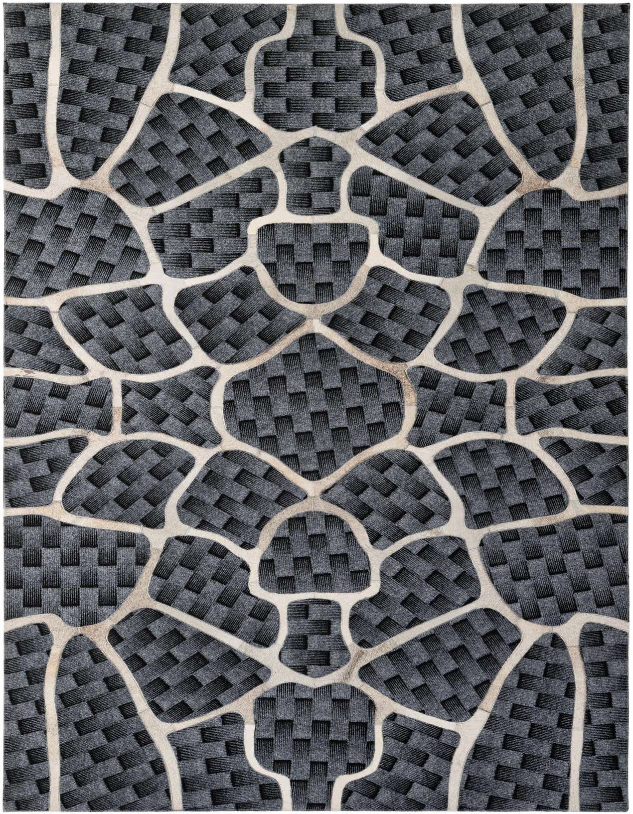 A 5x8 rectangular gray cowhide rug with an abstract, modern patchwork pattern of dark gray woven textures separated by lighter gray organic lines.