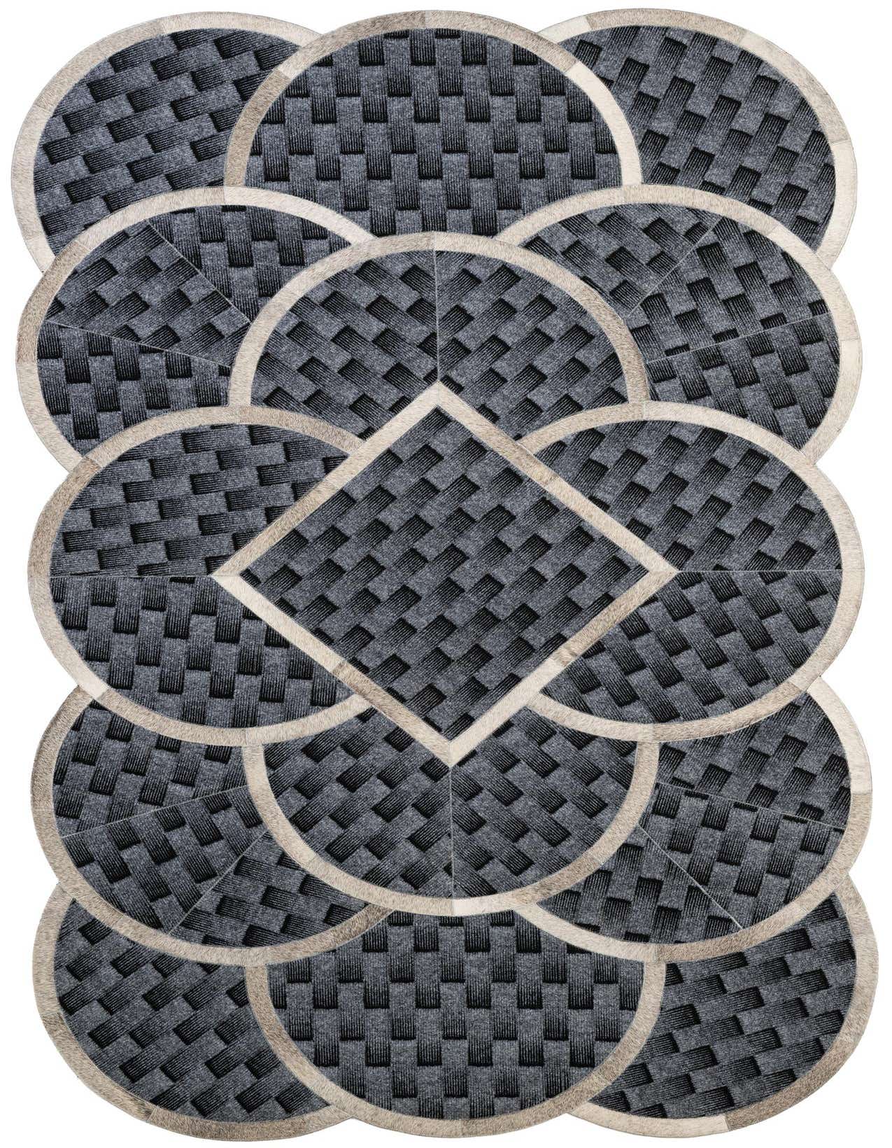 A 5x8 rectangular gray and silver cowhide rug with a modern geometric pattern of interlocking circles and a central diamond.