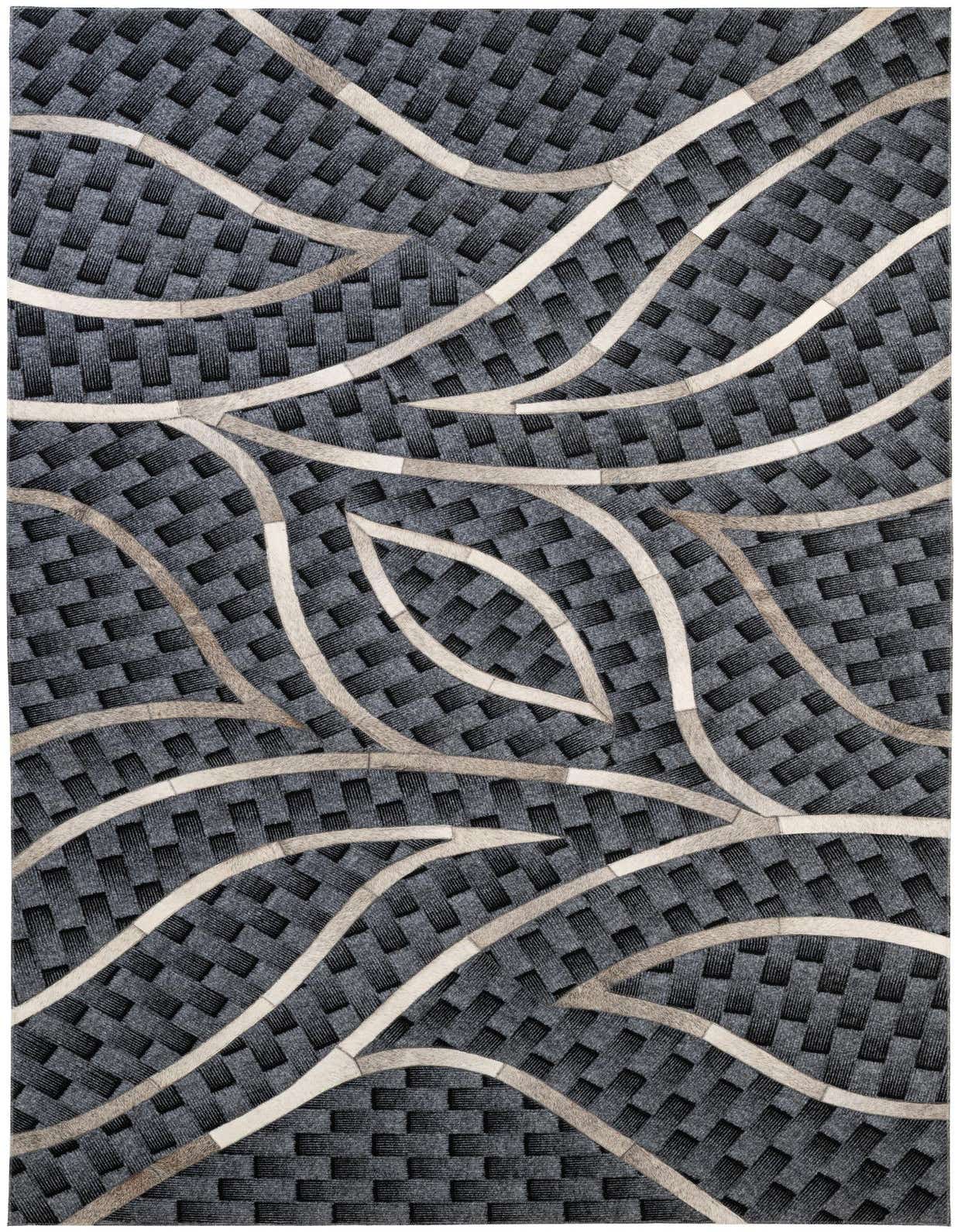 A 5x8 rectangular gray modern area rug with an abstract pattern of light gray and silver wavy lines over a textured dark gray and black woven background.
