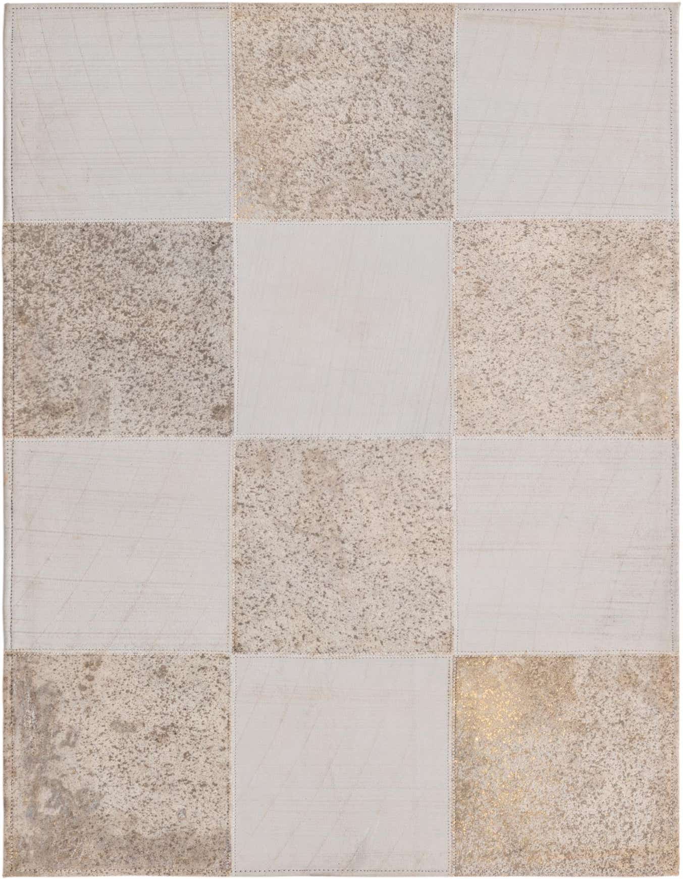 2x3 rectangular Cowhide Leather rug featuring a modern patchwork design in varying shades of gray and silver.