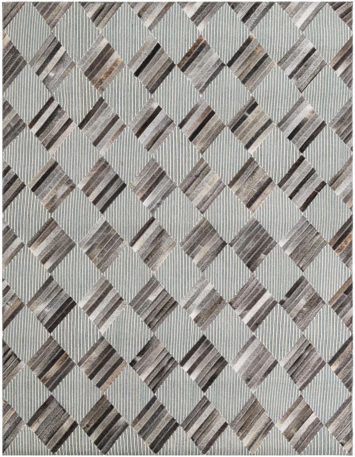 A 5x8 rectangular gray and silver cowhide leather rug with a modern abstract diamond pattern, perfect for a living room.