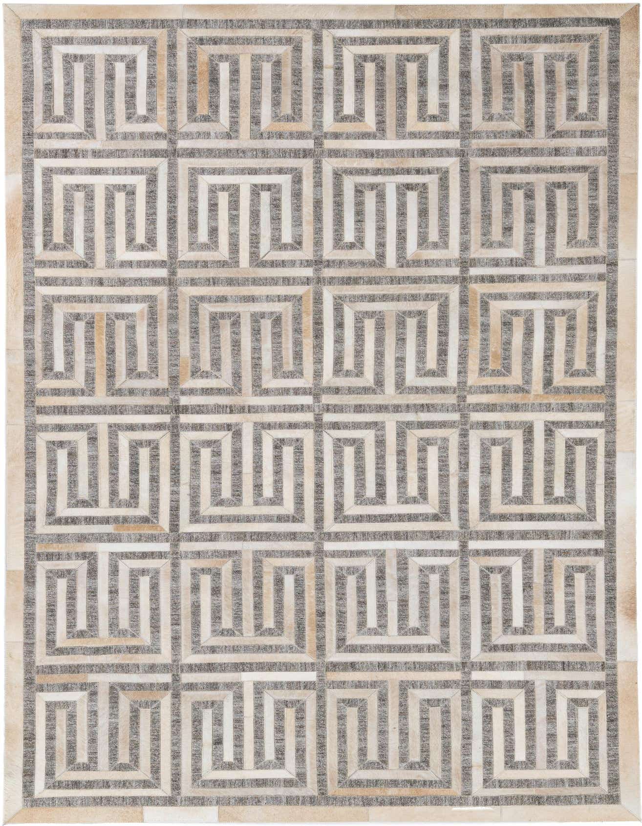 A 5x8 rectangular gray and silver cowhide rug featuring a modern abstract geometric maze pattern, suitable for a living room.